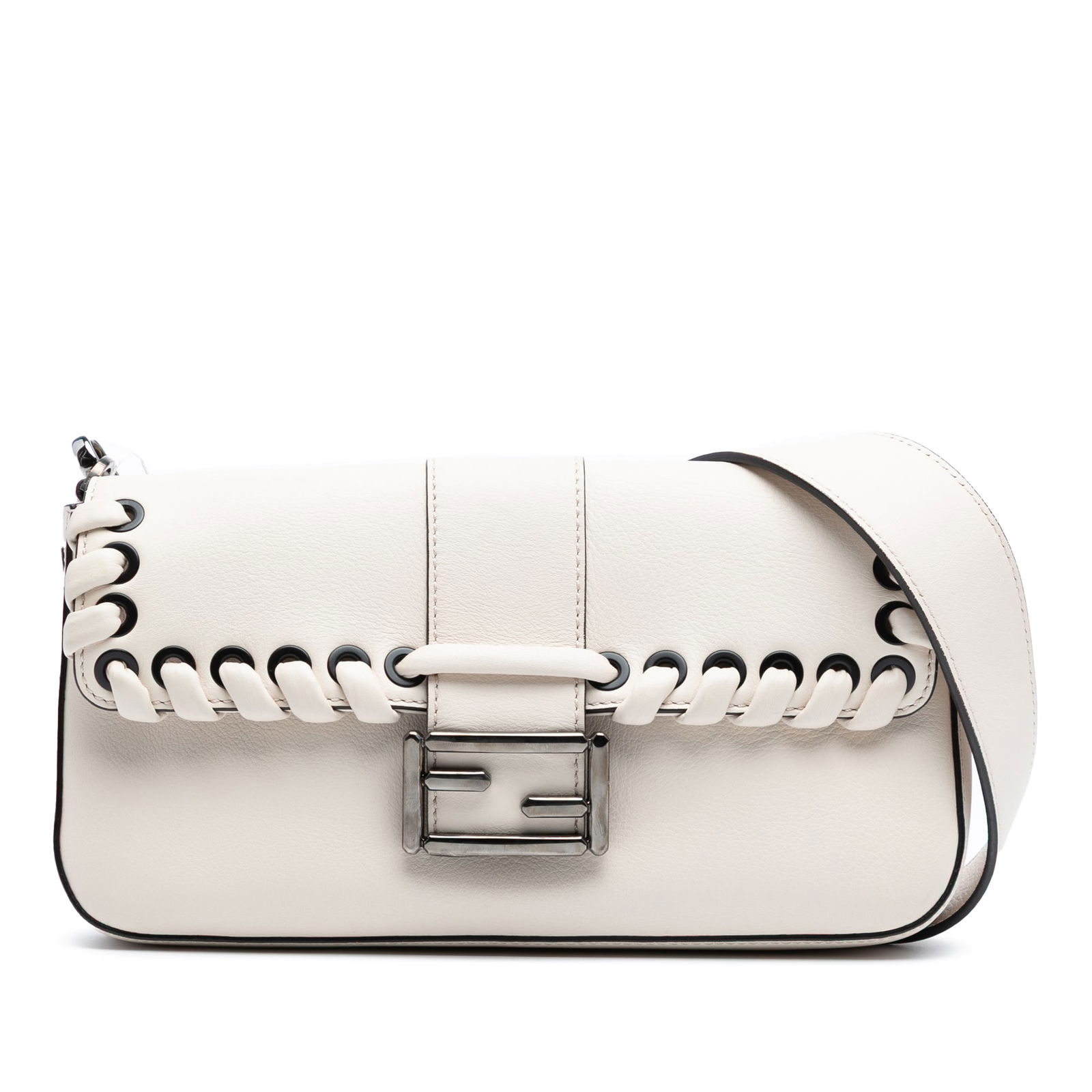 Fendi Whipstitch Leather Baguette Crossbody Bag White Italy: Fendi Whipstitch Leather Baguette Crossbody Bag White Italy Introducing the Fendi Whipstitch Leather Baguette Crossbody, a stylish and functional accessory crafted from high-quality leather. This eleg