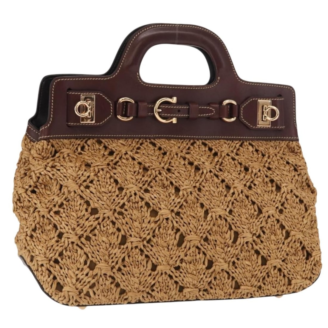Brown Raffia Gancini Handbag by Salvatore Ferragamo with Gold Details (1 of 18)