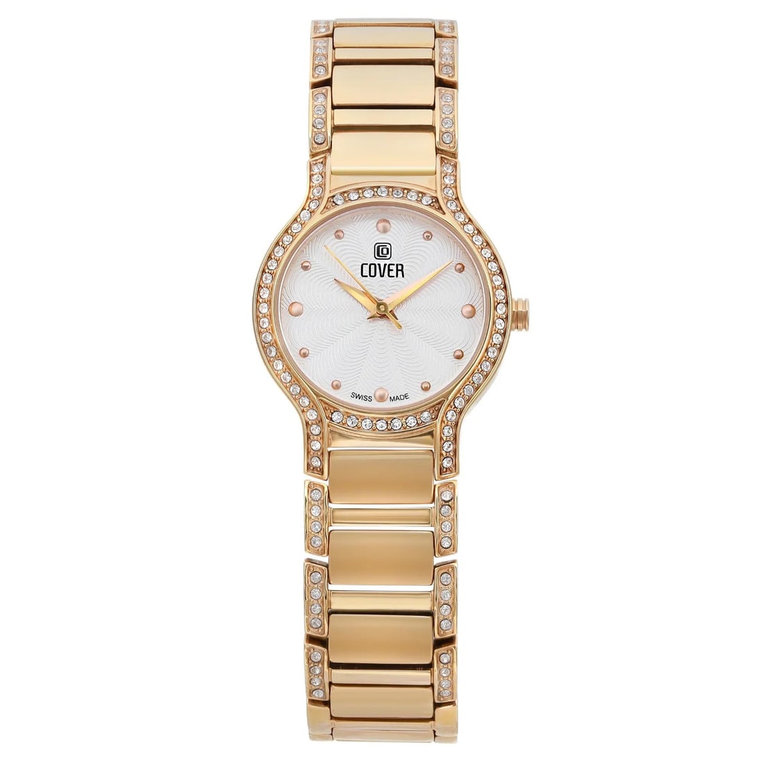 COVER 27mm Rose Gold Tone Silver Dial Quartz Ladies Watch: COVER 27mm Rose Gold Tone Silver Dial Quartz Ladies Watch This elegant COVER wristwatch features a striking rose gold tone with a silver dial, perfect for casual wear. The analog display is enhanced b