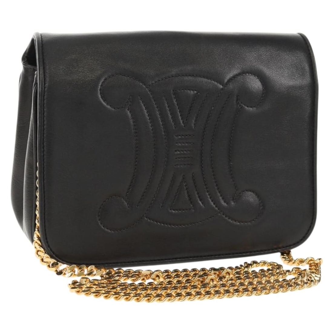 CELINE Black Gold Leather Shoulder Bag Made in Italy: CELINE Black Gold Leather Shoulder Bag Made in Italy This exquisite CELINE Chain Shoulder Bag showcases a sophisticated blend of black leather and gold accents, making it a stylish addition to any war