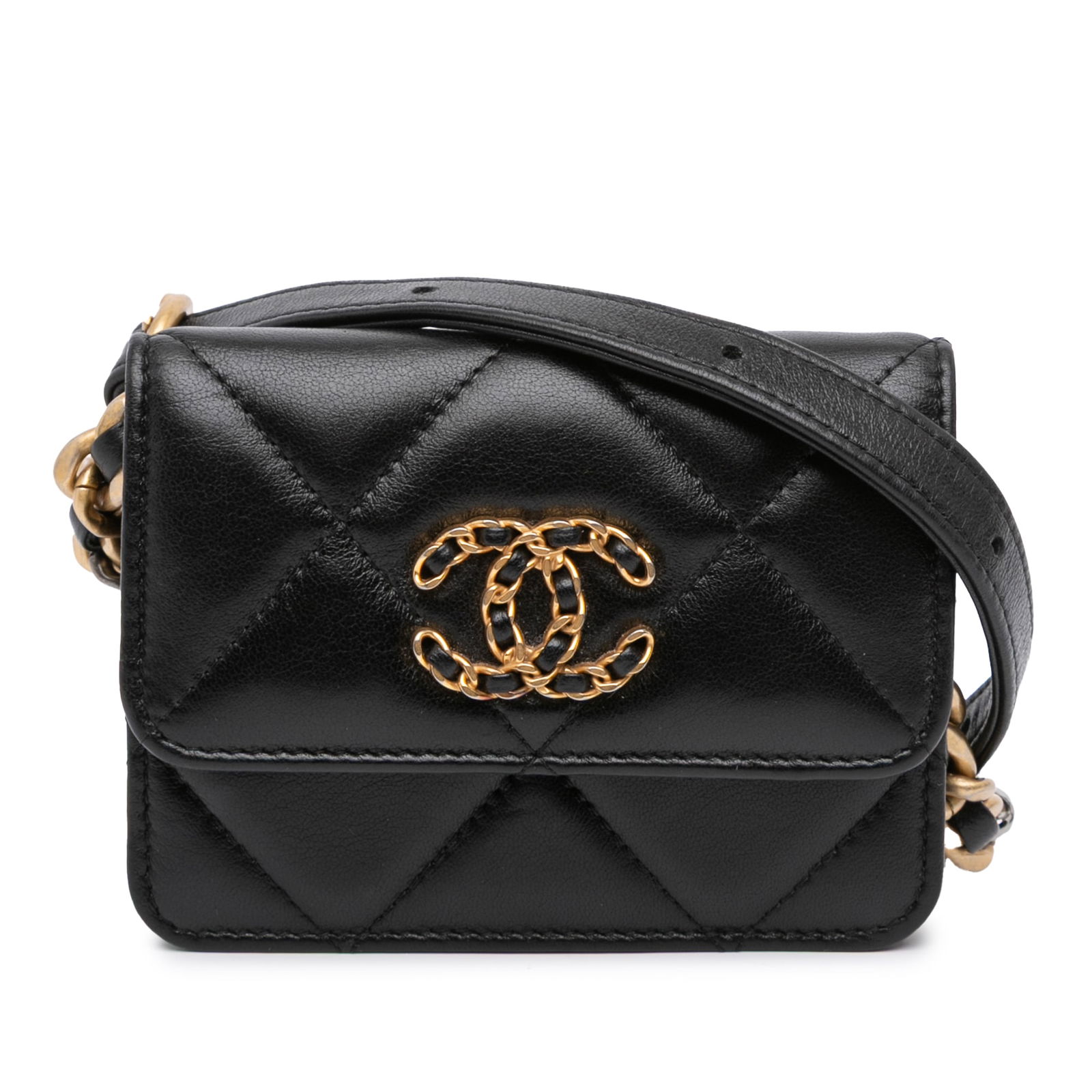 Chanel Quilted Lambskin 19 Flap Coin Purse Black: Chanel Quilted Lambskin 19 Flap Coin Purse Black Introducing the Chanel Quilted Lambskin 19 Flap Coin Purse, a luxurious crossbody bag crafted from soft quilted lambskin leather. This stylish purse fe