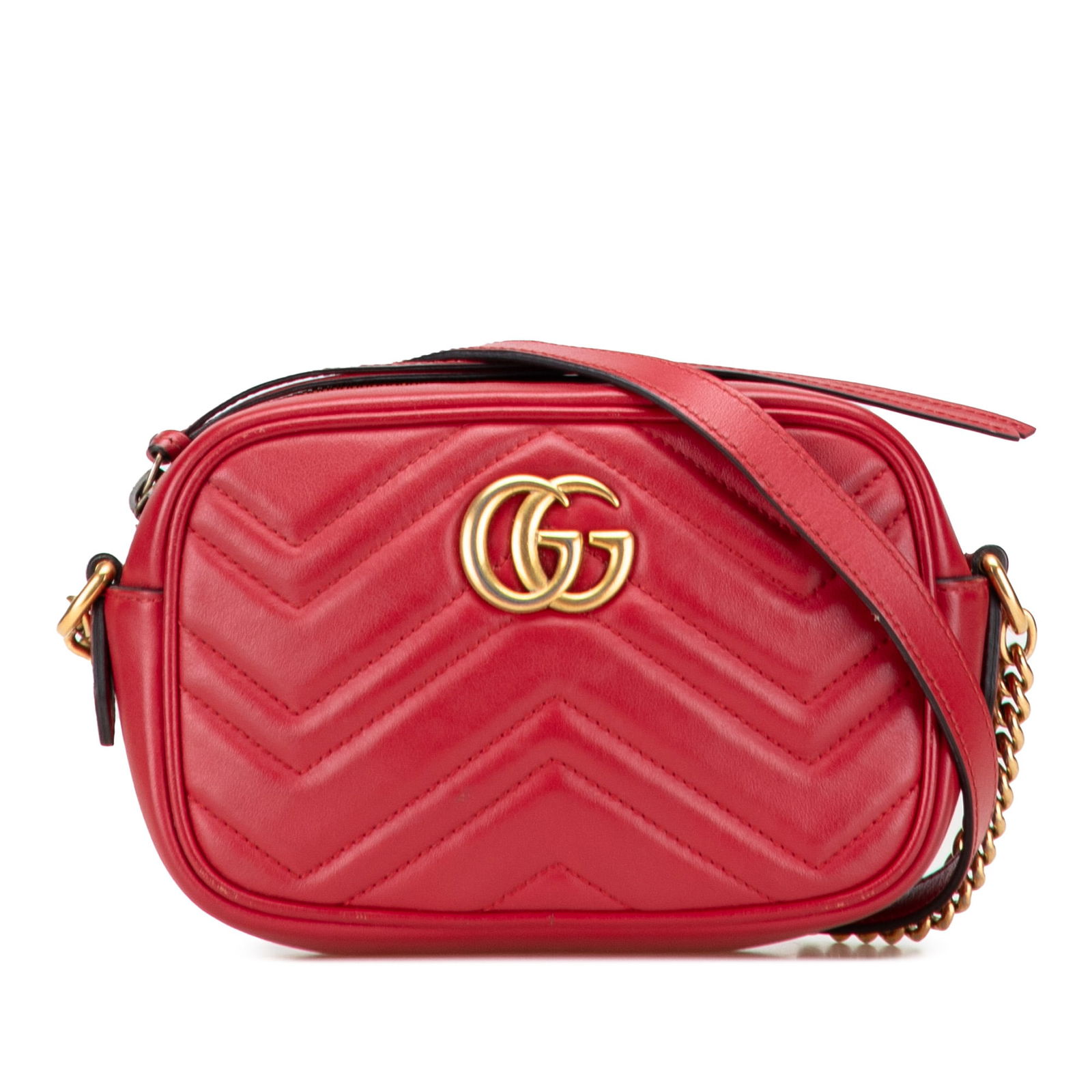 Gucci Mini GG Marmont Red Quilted Leather Crossbody Bag: Gucci Mini GG Marmont Red Quilted Leather Crossbody Bag This Gucci Mini GG Marmont Matelasse Leather Crossbody bag is a stylish accessory crafted from high-quality quilted leather. The vibrant red col