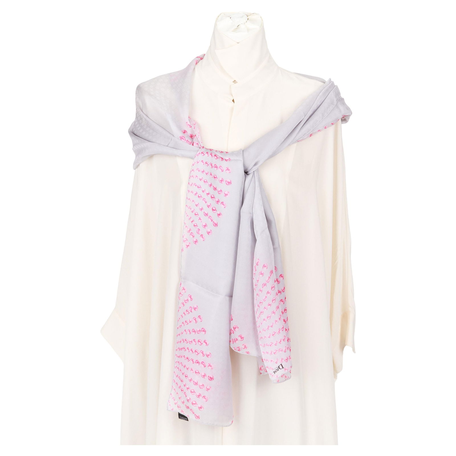 Christian Dior Gray Quilted Silk Chiffon Scarf with Pink Spheres: Christian Dior Gray Quilted Silk Chiffon Scarf with Pink Spheres Elevate your accessory collection with this exquisite Christian Dior gray quilted silk chiffon stole scarf. Crafted from 100% silk chif