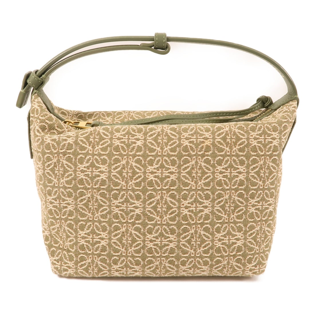 Small Green Canvas Cubi Handbag by LOEWE with Gold Tone Hardware: Small Green Canvas Cubi Handbag by LOEWE with Gold Tone Hardware This LOEWE Small Cubi handbag features a green canvas exterior and a regular size silhouette. Crafted in Spain, it offers a stylish and