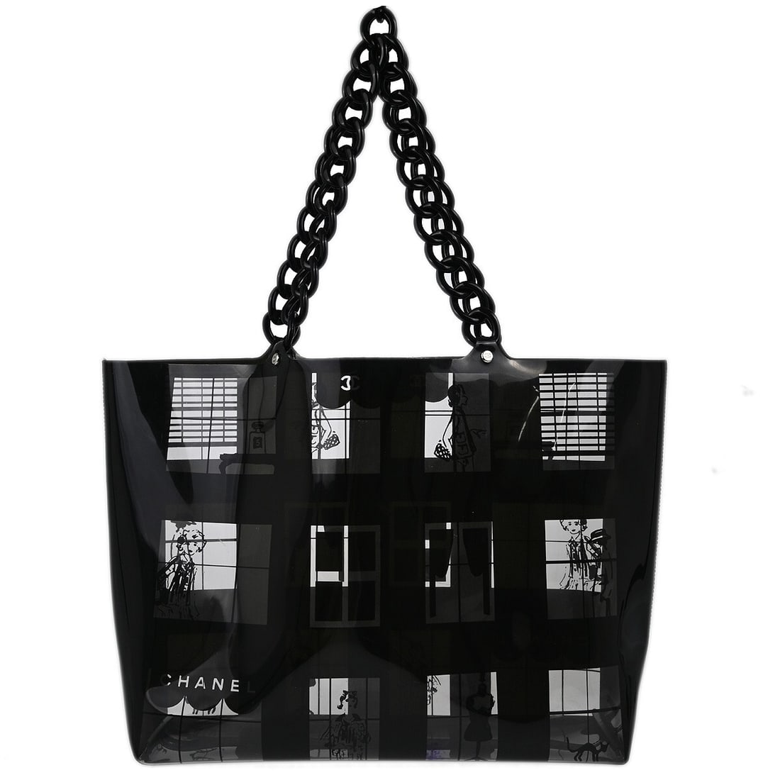 Chanel Large Black Vinyl Tote Bag with Window Detail: Chanel Large Black Vinyl Tote Bag with Window Detail This Chanel tote handbag features a black vinyl exterior with matching black handles and lining, offering a sleek and modern look. Designed in Ital