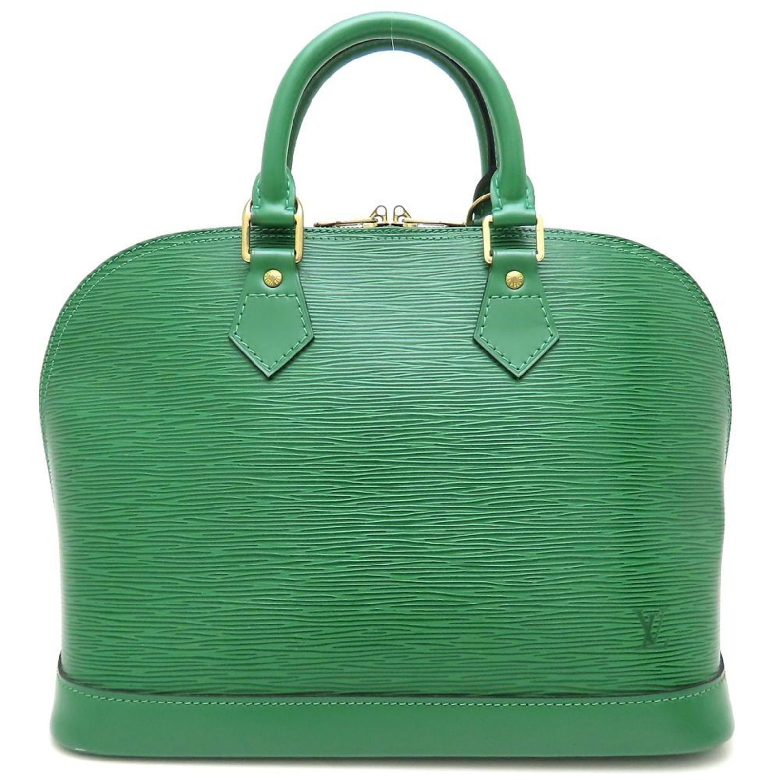 Louis Vuitton Alma green leather handbag France 24cm: Louis Vuitton Alma green leather handbag France 24cm This Louis Vuitton Alma handbag features a green leather exterior and is designed for women. Crafted in France, it offers a structured silhouette w