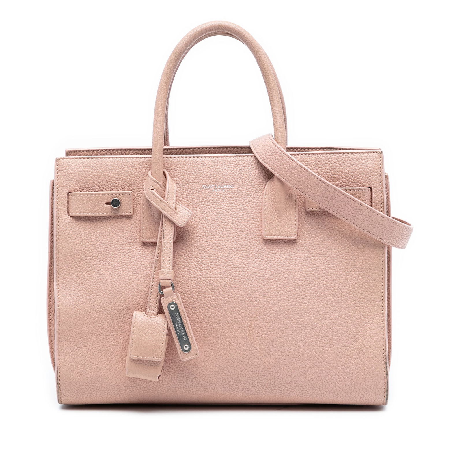 Saint Laurent Baby Sac De Jour Pink Leather Satchel with Detachable Strap: Saint Laurent Baby Sac De Jour Pink Leather Satchel with Detachable Strap This Saint Laurent Baby Grained Calfskin Sac De Jour Satchel features a pink leather body with rolled leather handles, a detac