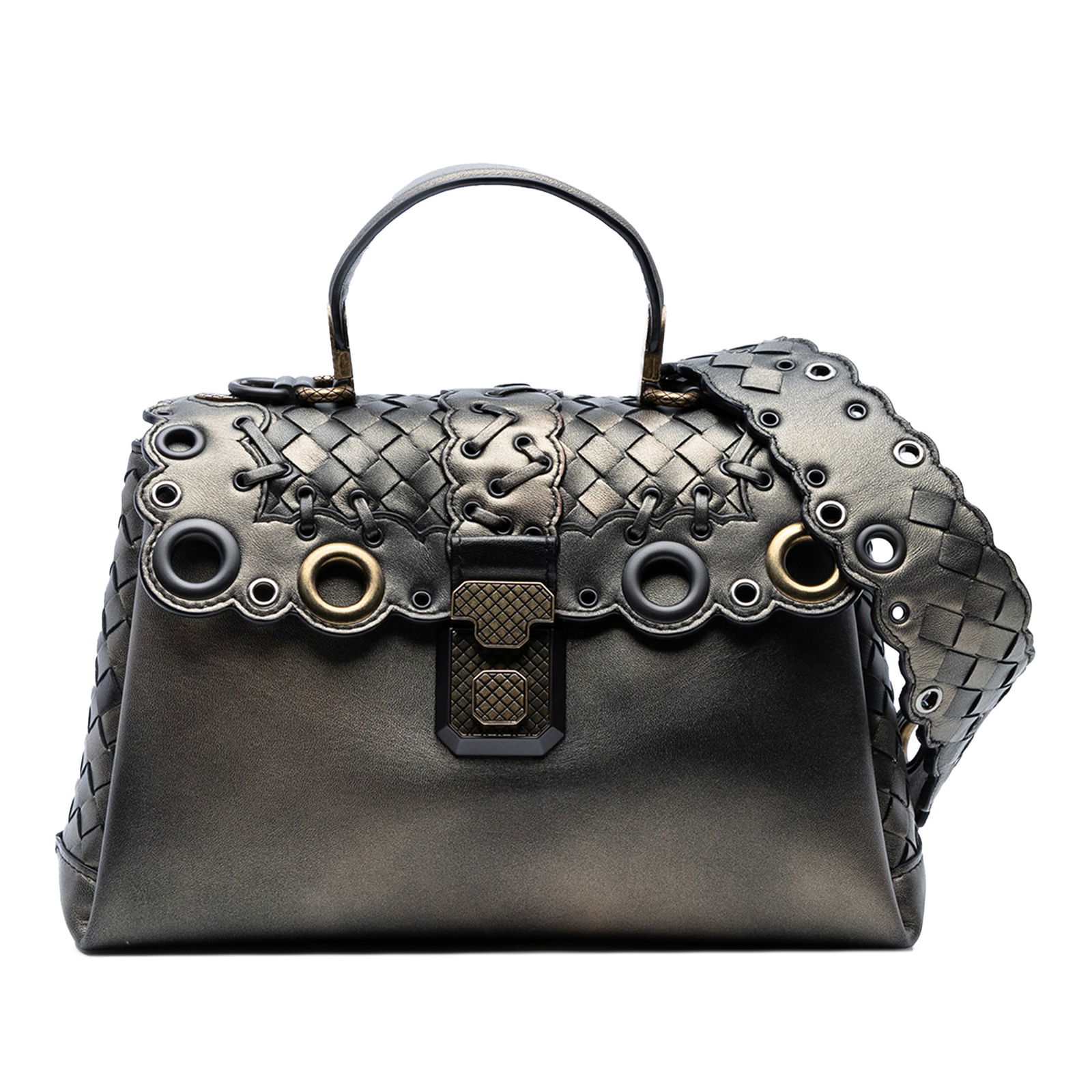 Bottega Veneta Metallic Nappa Grommet Piazza Satchel Bag: Bottega Veneta Metallic Nappa Grommet Piazza Satchel Bag The Bottega Veneta Small Intrecciato Trimmed Metallic Nappa Grommet Piazza Satchel is a stylish accessory crafted from high-quality leather. It