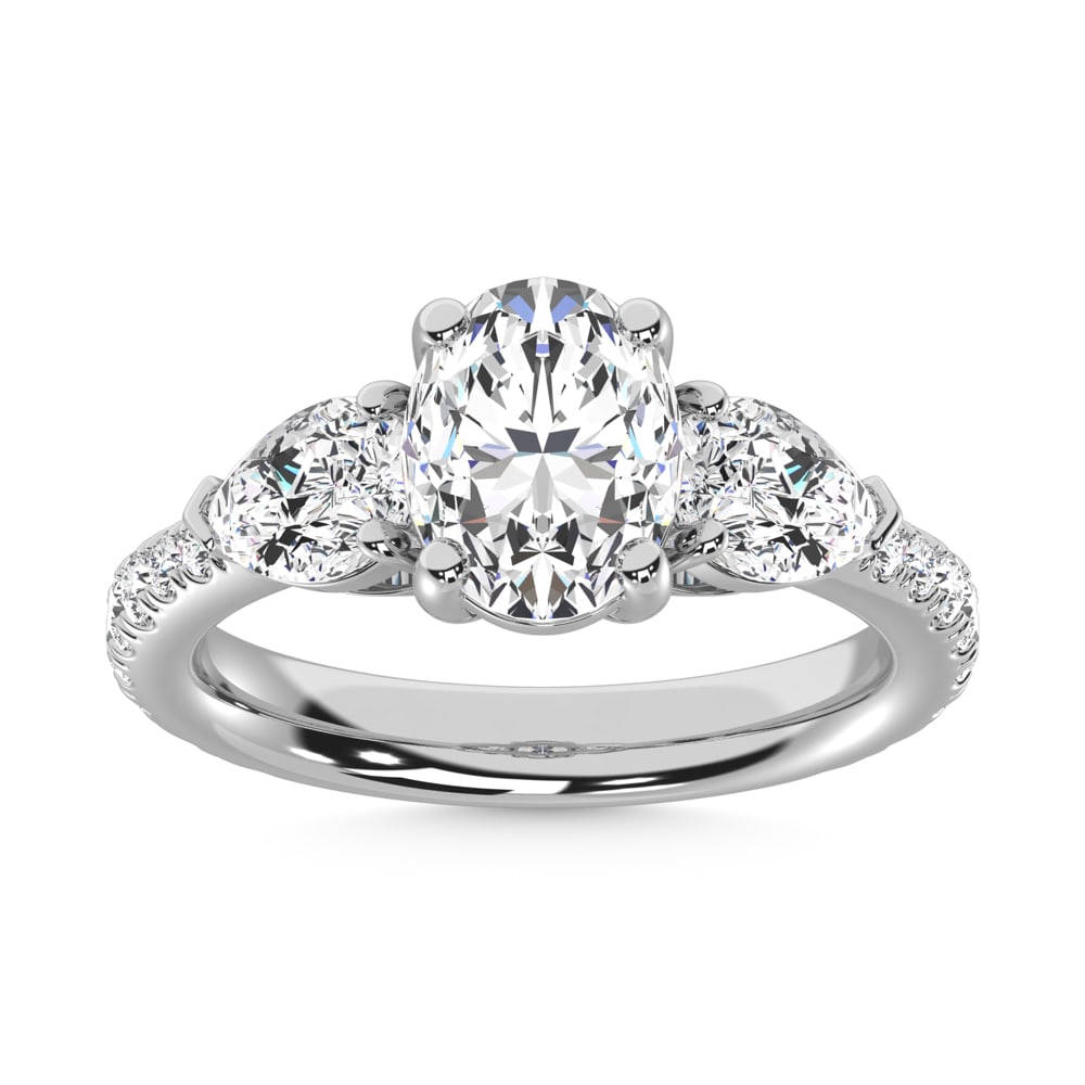 14K White Gold Lab Grown Diamond 5 1/5 Ct.Tw. Oval Shape Three Stone Ring: 14K White Gold Lab Grown Diamond 5 1/5 Ct.Tw. Oval Shape Three Stone Ring This stunning three-stone ring features a sparkling 3 CT Oval Center diamond with two shimmering side diamonds, symbolizing pa