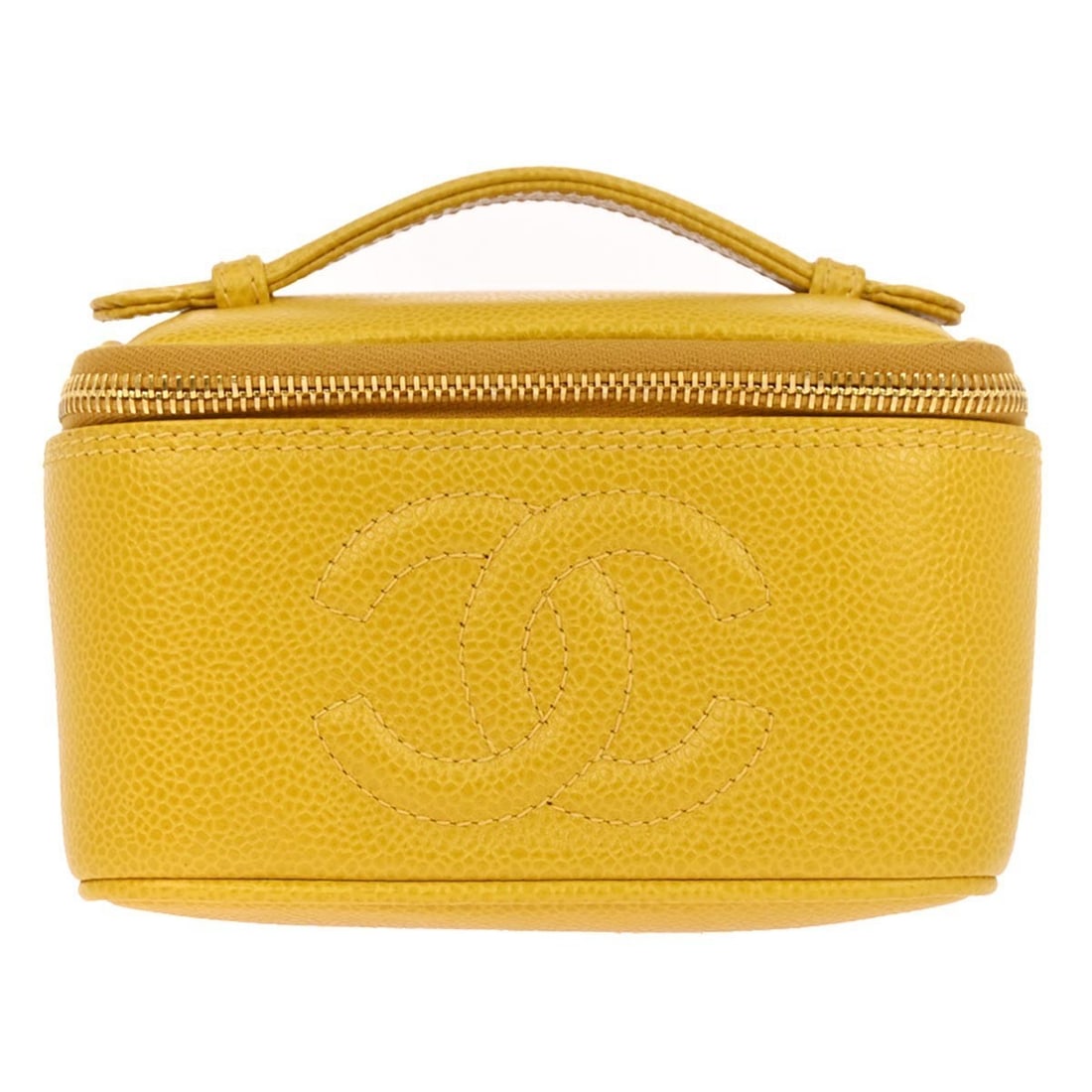 CHANEL Caviar Skin CC Cosmetic Vanity Bag in Yellow Leather: CHANEL Caviar Skin CC Cosmetic Vanity Bag in Yellow Leather This Chanel Vanity handbag features yellow caviar skin leather with a top handle design and zip closure. The bag is accented with the iconic