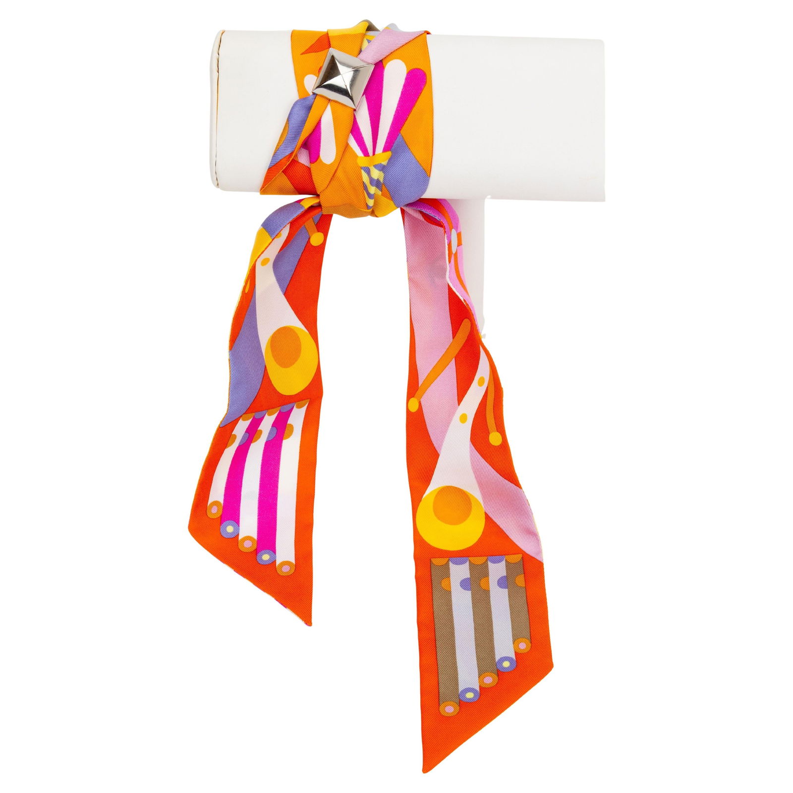 Hermes Parade en Fanfare Silk Twilly Scarf New in Box: Hermes Parade en Fanfare Silk Twilly Scarf New in Box Elevate your accessory collection with this exquisite Hermes "Parade en Fanfare" Silk Twilly Scarf. Crafted in France, this vibrant orange scarf f