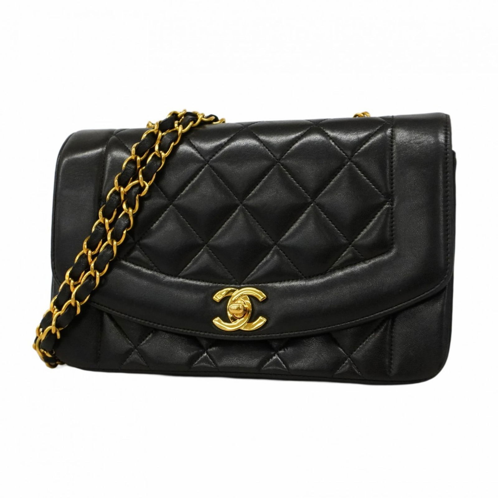 Black Leather Chanel Diana Flap Bag 14cm x 21.5cm: Black Leather Chanel Diana Flap Bag 14cm x 21.5cm This Chanel Diana handbag features a classic black leather exterior with a timeless design. Made in France, it offers a sophisticated look suitable fo