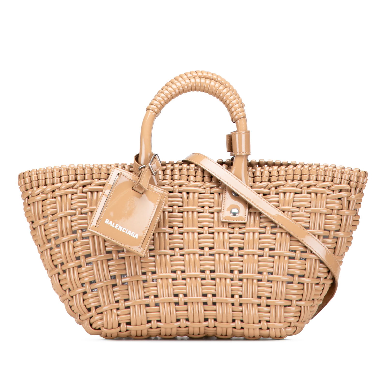 Balenciaga Faux Leather Bistro Panier XS Satchel Brown Italy: Balenciaga Faux Leather Bistro Panier XS Satchel Brown Italy Introducing the Balenciaga Faux Leather Bistro Panier XS, a stylish satchel crafted from woven faux leather. This chic bag features rolled