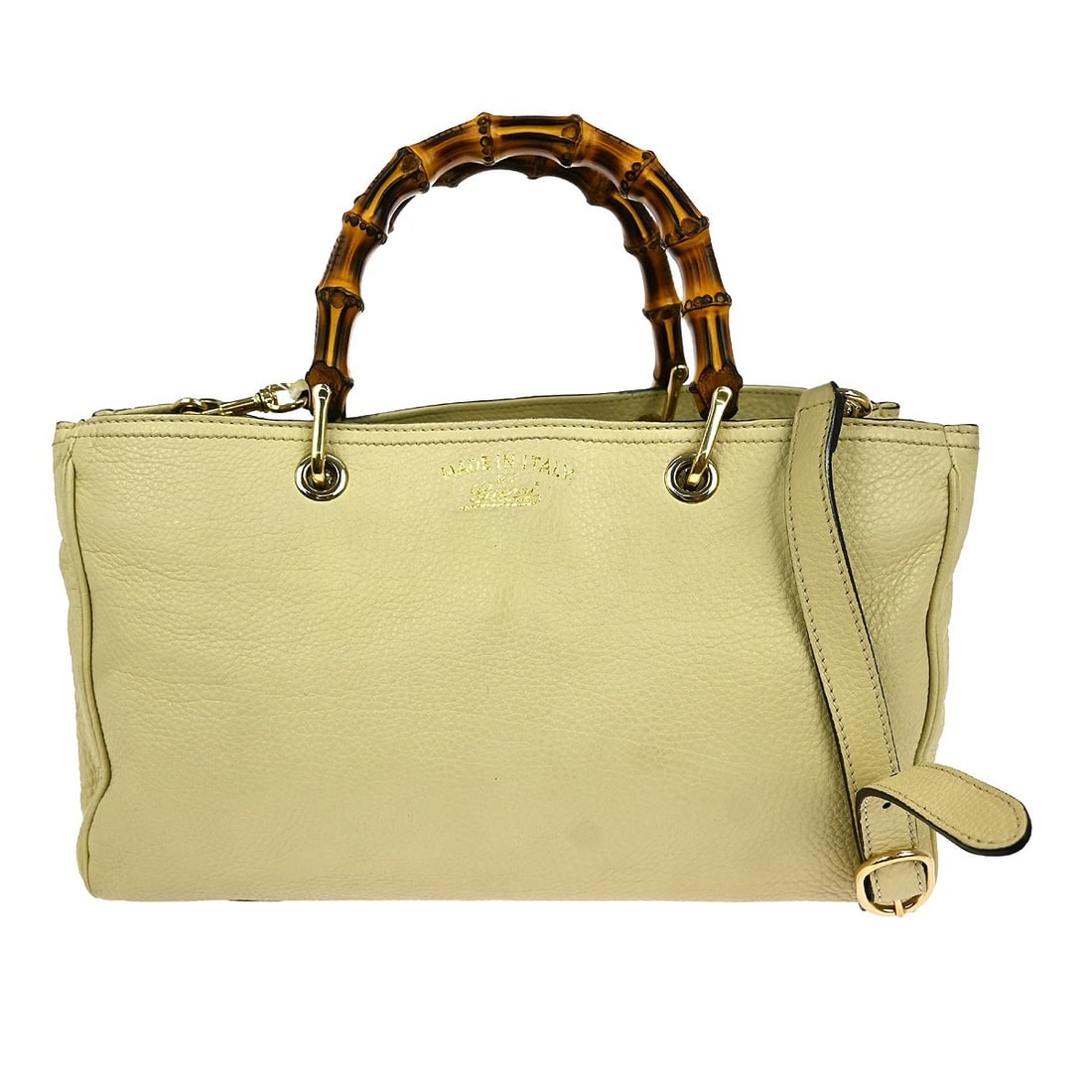 Gucci Bamboo Ivory Leather Medium Top Handle Bag with Double Handles: Gucci Bamboo Ivory Leather Medium Top Handle Bag with Double Handles Introducing the Gucci Ivory Leather Bamboo 2-way Handbag, a stylish and versatile accessory perfect for casual occasions. This medi