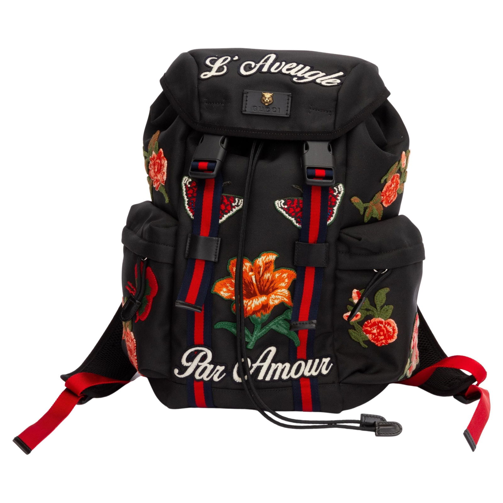 Gucci Black Embroidered Backpack with Colorful Patches: Gucci Black Embroidered Backpack with Colorful Patches Introducing the Gucci New Black Embroidered Backpack, a stylish accessory that combines luxury and functionality. Crafted in Italy, this backpack