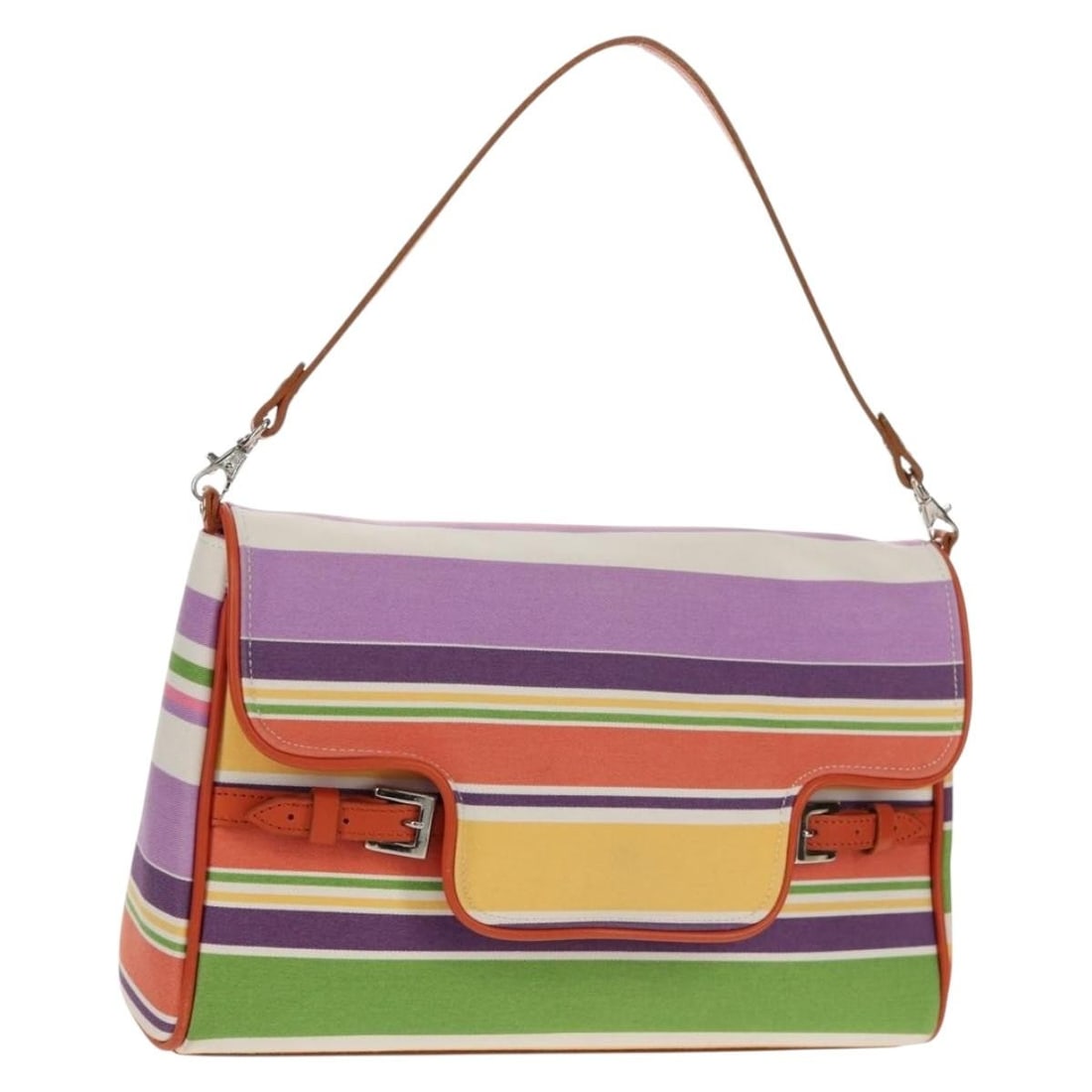 Burberry Multicolor Canvas Shoulder Handbag with Silver Accents and Dust Bag: Burberry Multicolor Canvas Shoulder Handbag with Silver Accents and Dust Bag This Burberry shoulder bag features a canvas exterior in a multicolor and silver design. The bag offers a compact size with