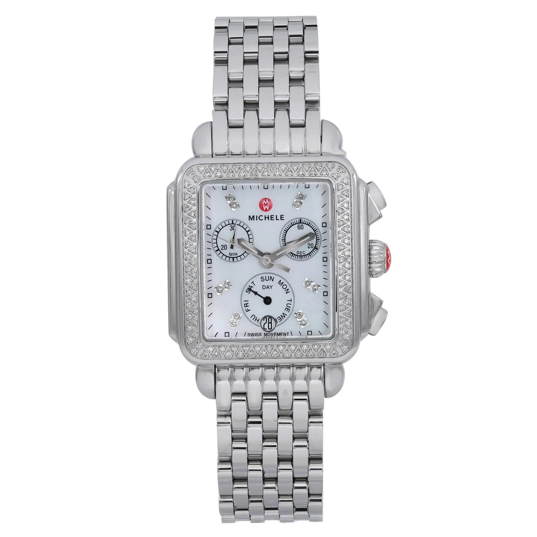 Michele Deco 34mm Quartz Ladies Watch Silver MOP Diamond Bezel MW06P01A1046: Michele Deco 34mm Quartz Ladies Watch Silver MOP Diamond Bezel MW06P01A1046 This exquisite Michele Deco wristwatch features a stunning 34mm square case crafted from polished stainless steel, showcasin