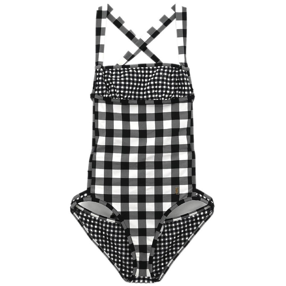Yves Saint Laurent Black Check Pattern Swimsuit Size XS: Yves Saint Laurent Black Check Pattern Swimsuit Size XS This Yves Saint Laurent swimsuit features a stylish black check pattern and prominent logo accents. Made in Italy, it is crafted from a blend of