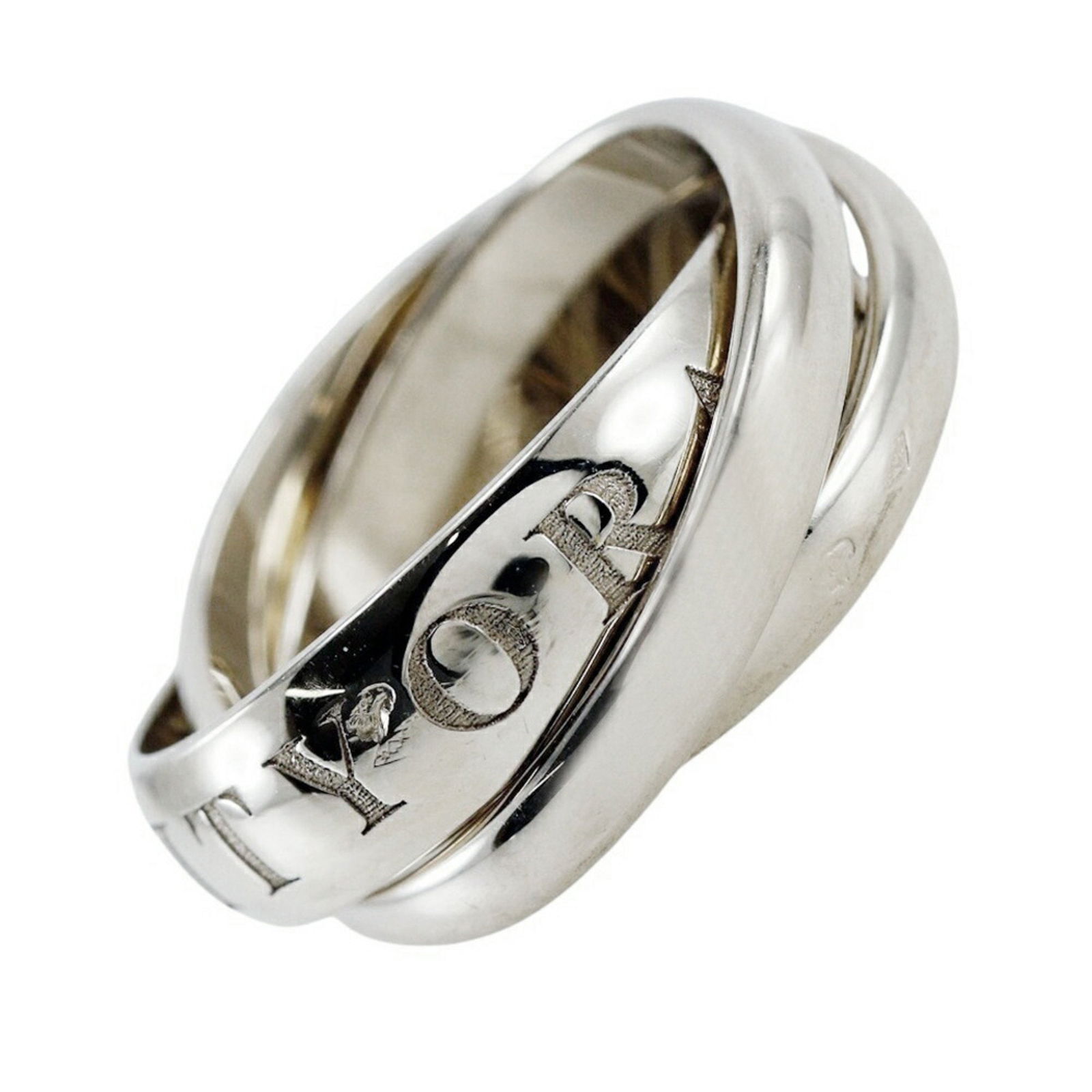 White Gold Trinity Ring by Cartier for Women Size 6: White Gold Trinity Ring by Cartier for Women Size 6 Cartier Trinity ring crafted from white gold, featuring a silver color and designed for women. The ring is in good condition with slight scratches o