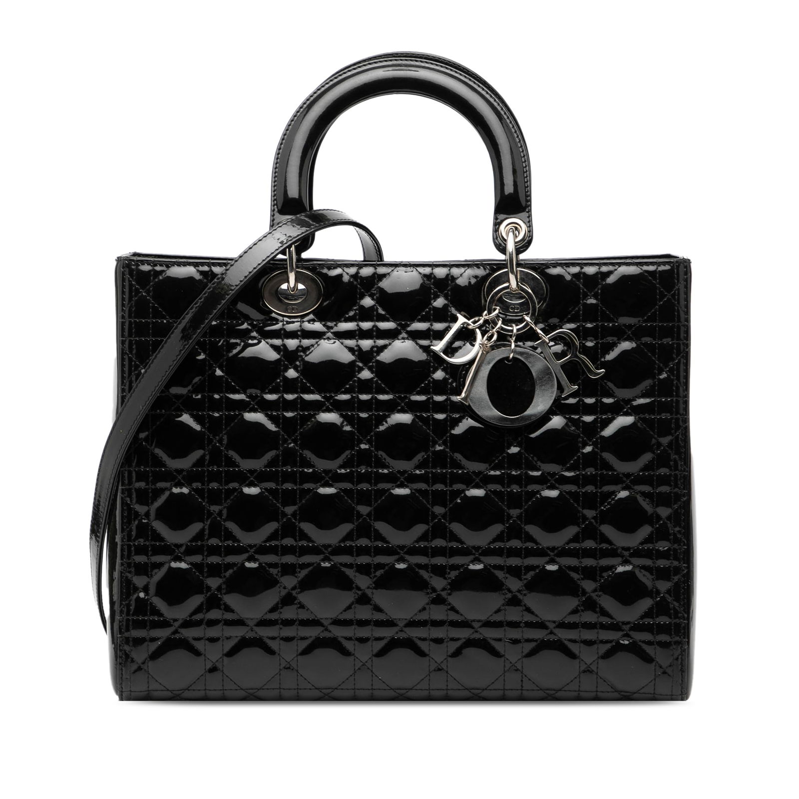 Dior Lady Dior Large Black Patent Cannage Leather Tote with Strap: Dior Lady Dior Large Black Patent Cannage Leather Tote with Strap This Lady Dior handbag features a quilted black patent leather body with flat leather top handles and a detachable flat strap. It is d
