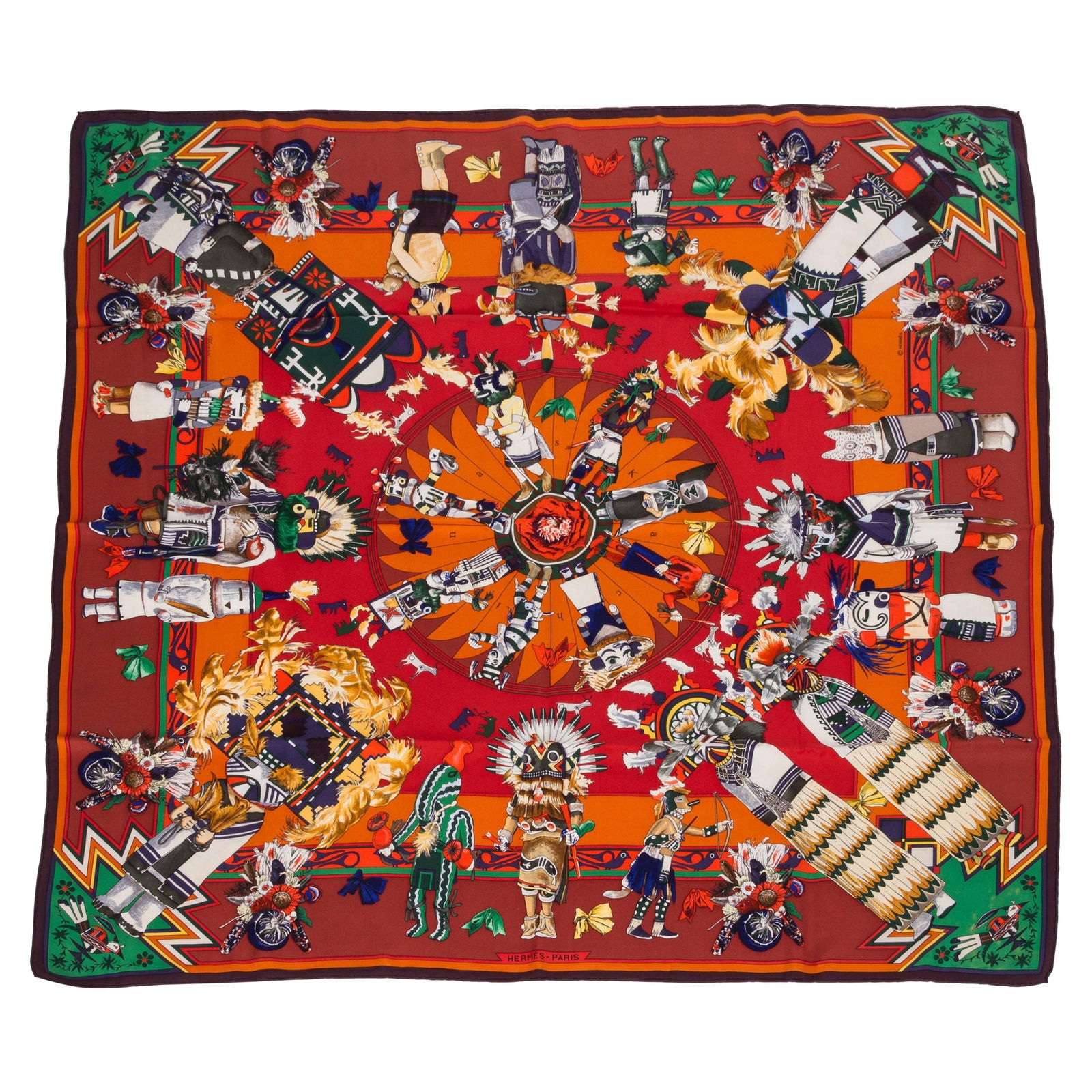 Hermes Kachinas Silk Scarf by Kermit Oliver Rust 35in: Hermes Kachinas Silk Scarf by Kermit Oliver Rust 35in Discover the exquisite Hermes rust silk twill Kachinas scarf, masterfully designed by Kermit Oliver. This stunning piece features hand-rolled edge