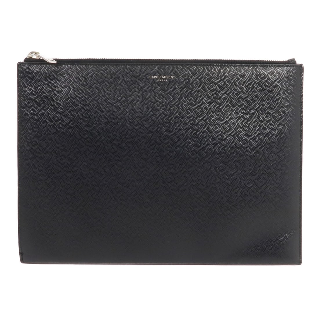 SAINT LAURENT Black Calfskin Leather Clutch Bag with SHW: SAINT LAURENT Black Calfskin Leather Clutch Bag with SHW This elegant SAINT LAURENT clutch bag is crafted from premium black calfskin leather, showcasing a sleek and sophisticated design. Its compact