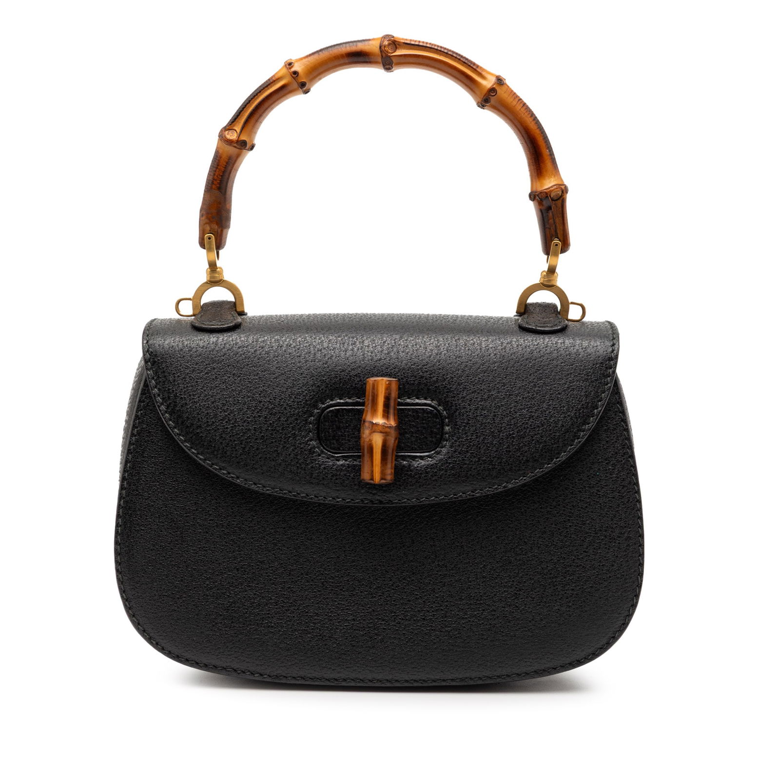 Gucci Bamboo Night Black Leather Satchel with Bamboo Handle: Gucci Bamboo Night Black Leather Satchel with Bamboo Handle This Gucci Grained Calfskin Bamboo Night satchel features a black leather body with a distinctive bamboo top handle and a detachable flat le