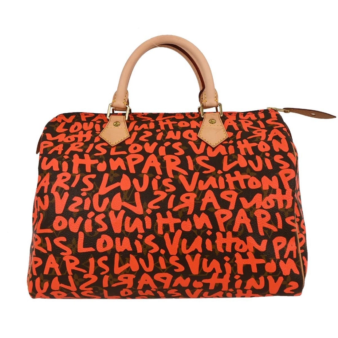 Louis Vuitton Speedy 30 Orange Monogram Graffiti Handbag M93705: Louis Vuitton Speedy 30 Orange Monogram Graffiti Handbag M93705 This stylish Louis Vuitton Speedy 30 Handbag features an eye-catching orange monogram graffiti pattern, perfect for adding a pop of colo