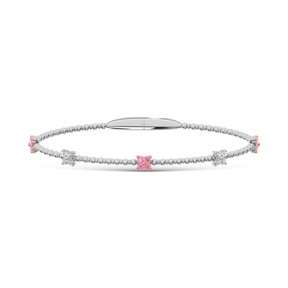 14K White Gold 5/8 Ct.Tw. Pink and White Lab Grown Diamond 5 Station Flexi Bangle: 14K White Gold 5/8 Ct.Tw. Pink and White Lab Grown Diamond 5 Station Flexi Bangle This 14K White Gold 5-station flexi bangle showcases pink and white lab grown diamonds totaling 5/8 Ct.Tw., offering s