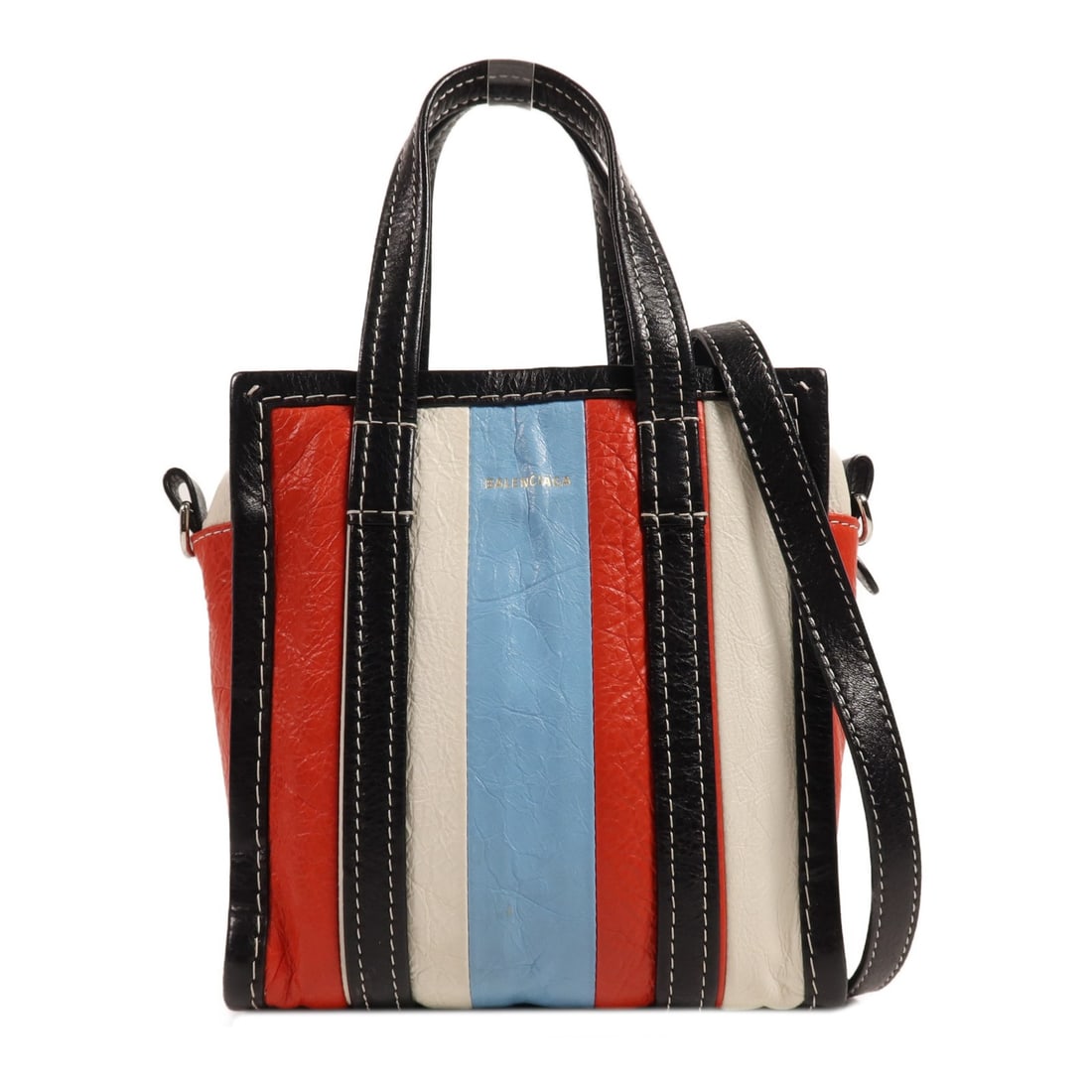 BALENCIAGA SHW Bazaar XXS 2 Way Calfskin Bag Red/Blue/White/Black: BALENCIAGA SHW Bazaar XXS 2 Way Calfskin Bag Red/Blue/White/Black This Balenciaga Bazaar Shopper XXS 2 Way Bag is a stylish and versatile accessory. Crafted from premium calfskin, this bag features a