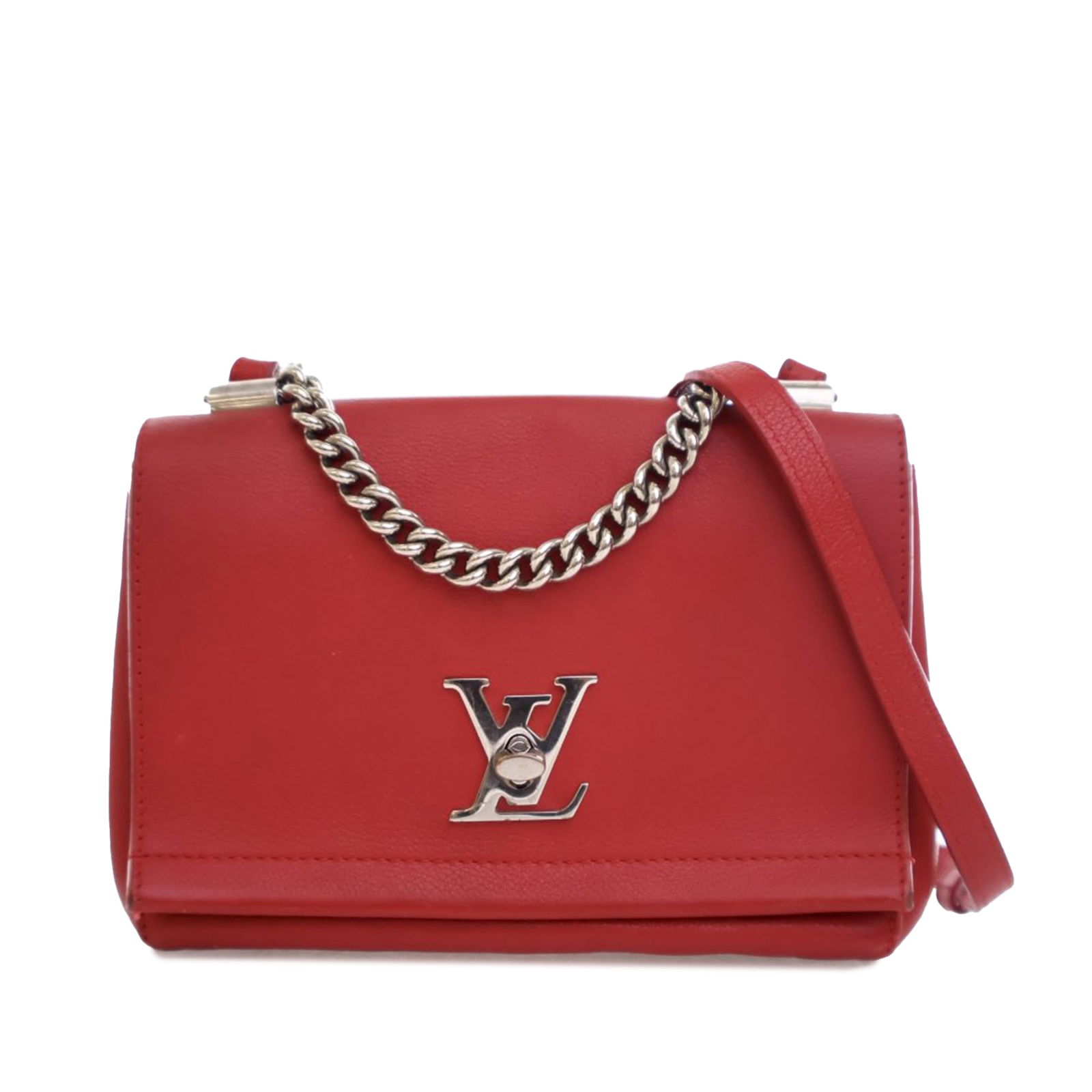 Louis Vuitton Lockme II BB Red Leather Handbag with Chain Handle: Louis Vuitton Lockme II BB Red Leather Handbag with Chain Handle Introducing the Louis Vuitton Leather Lockme II BB, a stylish and versatile handbag perfect for any occasion. This elegant bag features