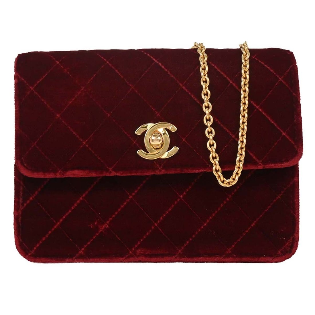 Chanel Bordeaux Velvet Mini Flap Shoulder Bag: Chanel Bordeaux Velvet Mini Flap Shoulder Bag This Chanel Bordeaux Velvet Straight Flap Shoulder Bag is a sophisticated accessory perfect for both casual and formal occasions. Crafted in France, this