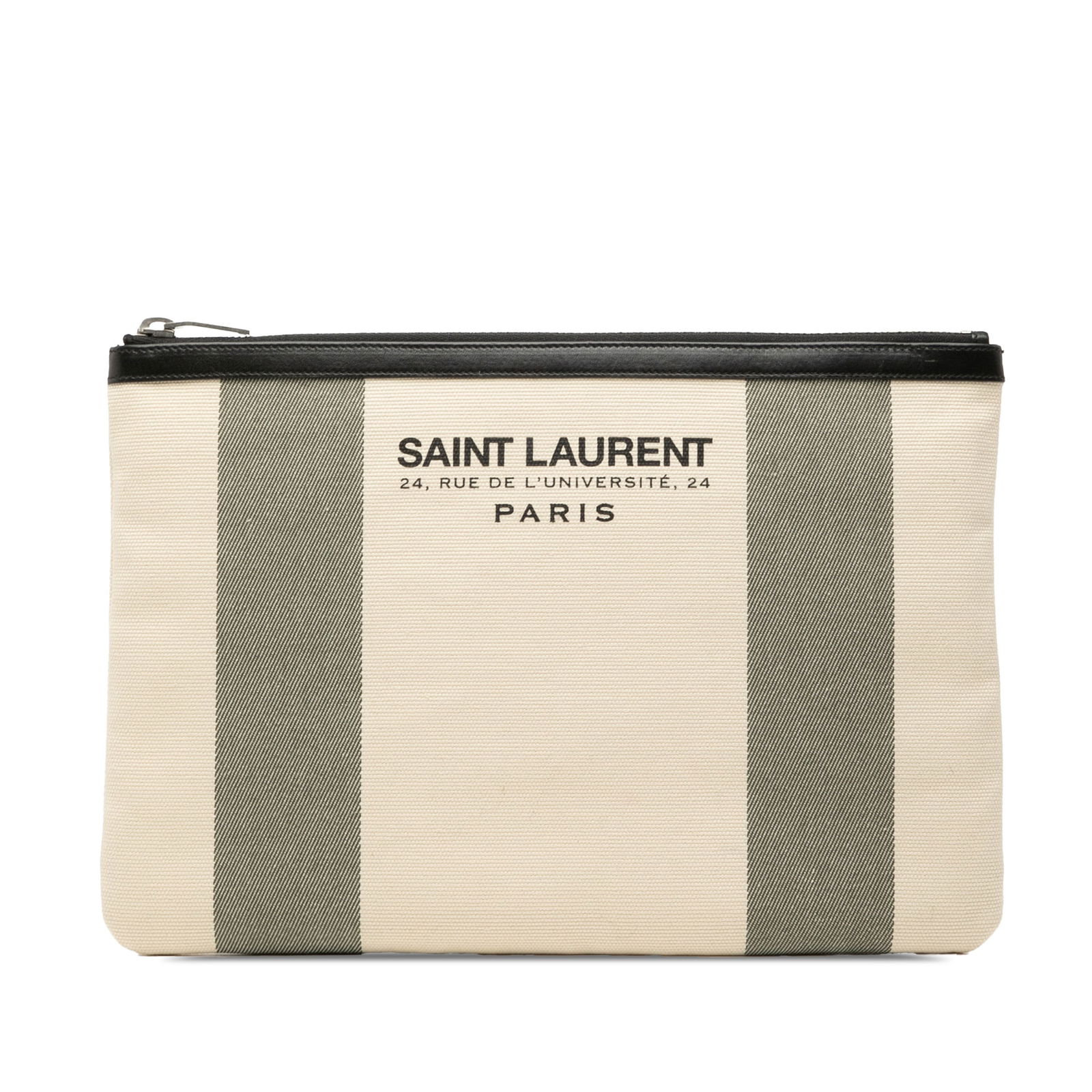 Saint Laurent White Canvas Zip-Top Beach Clutch Bag: Saint Laurent White Canvas Zip-Top Beach Clutch Bag This Saint Laurent Canvas Beach Zip Clutch features a canvas body with a top zip closure. The bag is white and crafted from fabric, designed for con