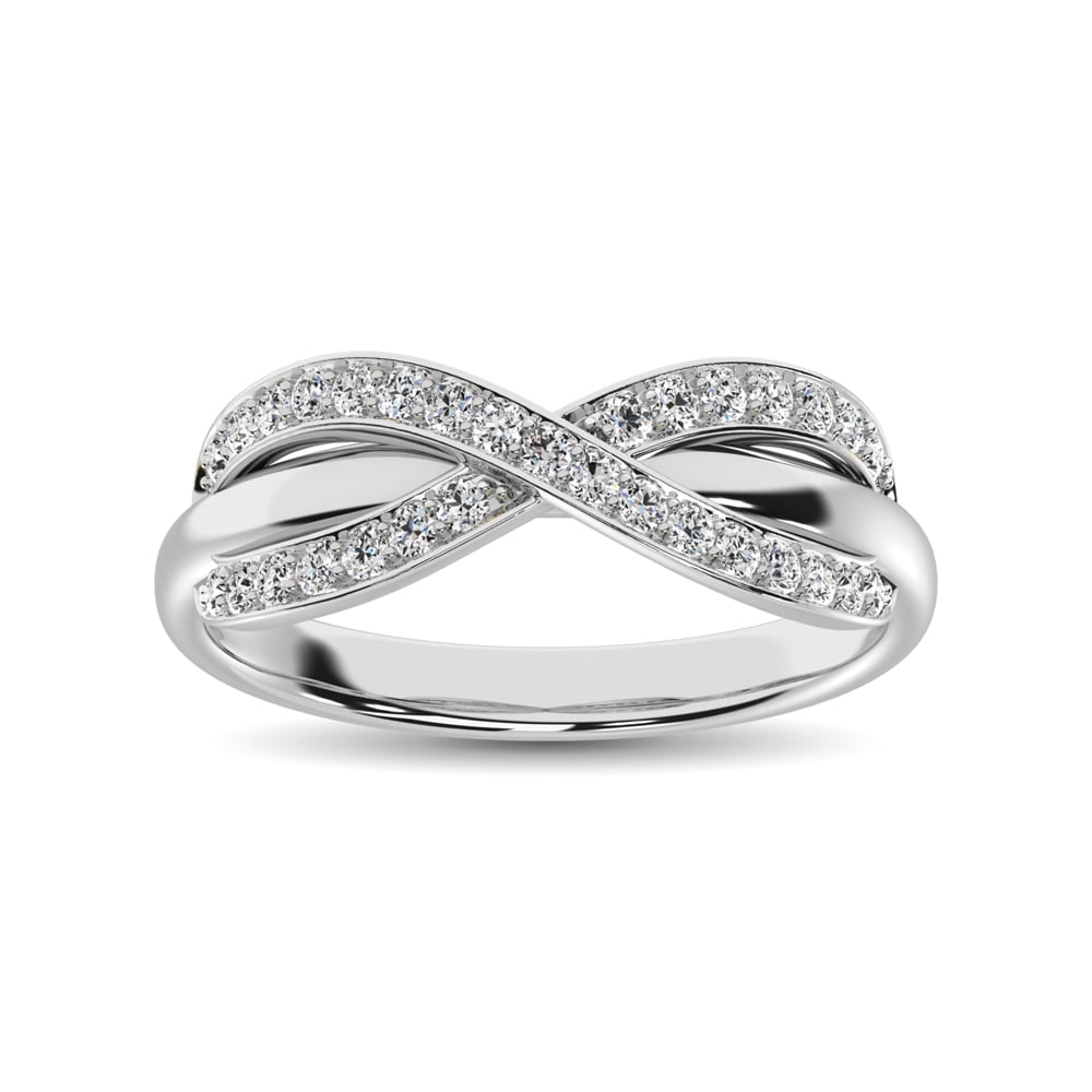10K White Gold 1/4 Ct.Tw. Diamond Cross Over Ring: 10K White Gold 1/4 Ct.Tw. Diamond Cross Over Ring This stunning ring is available in 10K White Gold. There are 31 round diamonds with a total carat weight of 1/4 Ct.Tw. set in a Prong setting. 10k Whi