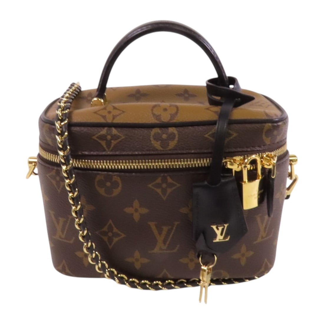 LOUIS VUITTON Vanity PM Shoulder Bag M45165 Monogram Reverse GHW: LOUIS VUITTON Vanity PM Shoulder Bag M45165 Monogram Reverse GHW This exquisite LOUIS VUITTON Vanity PM handbag showcases the iconic monogram in a stylish reverse pattern. Crafted from durable PVC coa
