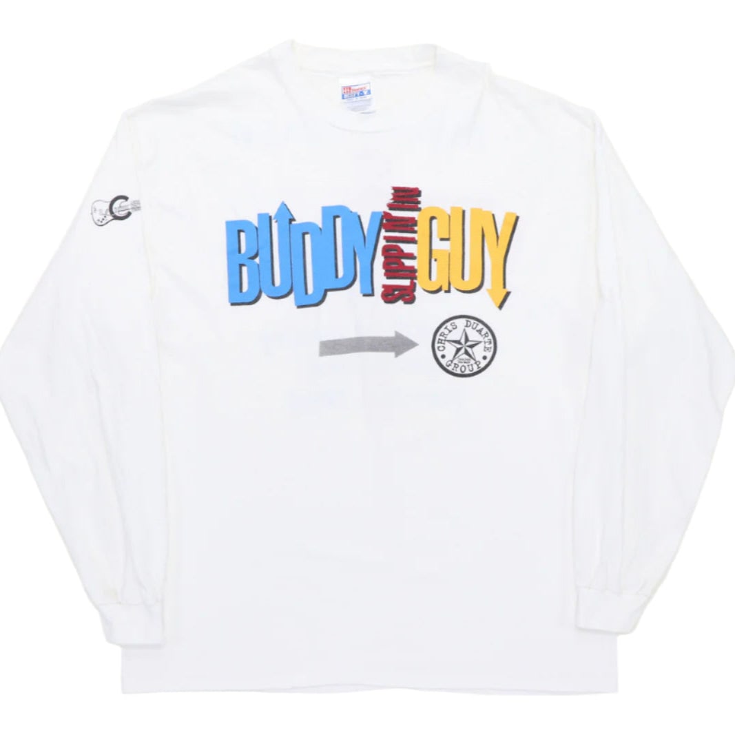Vintage 1995 Buddy Guy Staff Shirt From Cornell Concert White Long Sleeve: Vintage 1995 Buddy Guy Staff Shirt From Cornell Concert White Long Sleeve This is an original vintage 1995 Buddy Guy Cornell University staff concert long sleeve shirt. Featuring graphics on both the