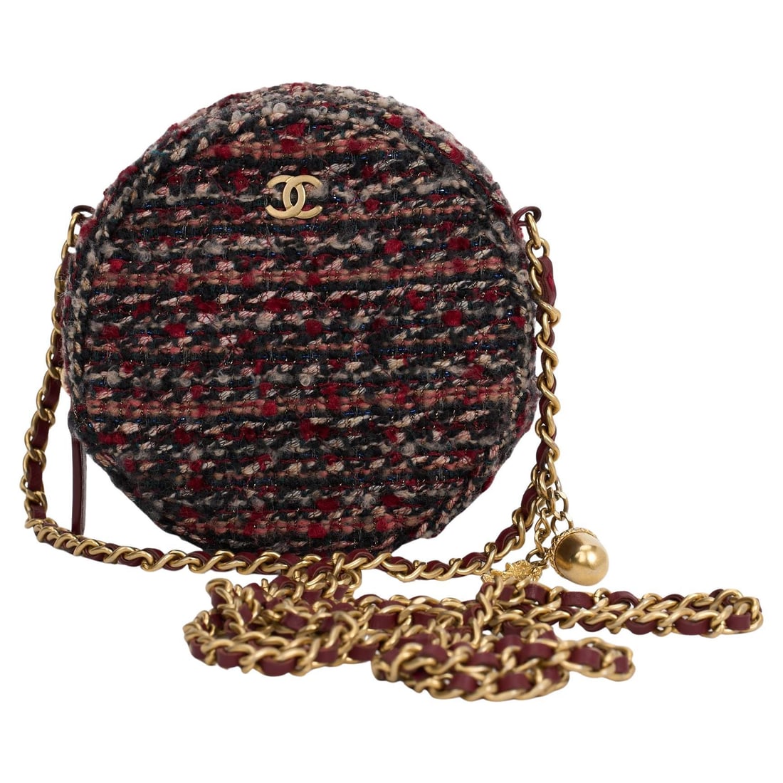 Chanel Salzburg Tweed Round Crossbody Bag Gold Tone Hardware: Chanel Salzburg Tweed Round Crossbody Bag Gold Tone Hardware Introducing the Chanel Salzburg Tweed Round Crossbody, a stunning accessory designed by Karl Lagerfeld. This elegant piece showcases a soph