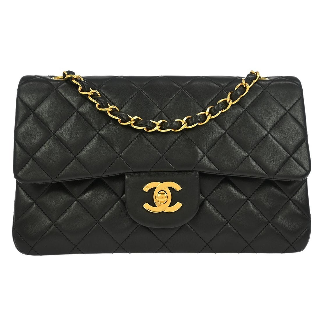 Small Classic Double Flap Shoulder Bag in Black Lambskin by Chanel: Small Classic Double Flap Shoulder Bag in Black Lambskin by Chanel This Chanel Classic Double Flap Shoulder Bag is crafted from black lambskin leather with a matelasse pattern. The bag features a flap