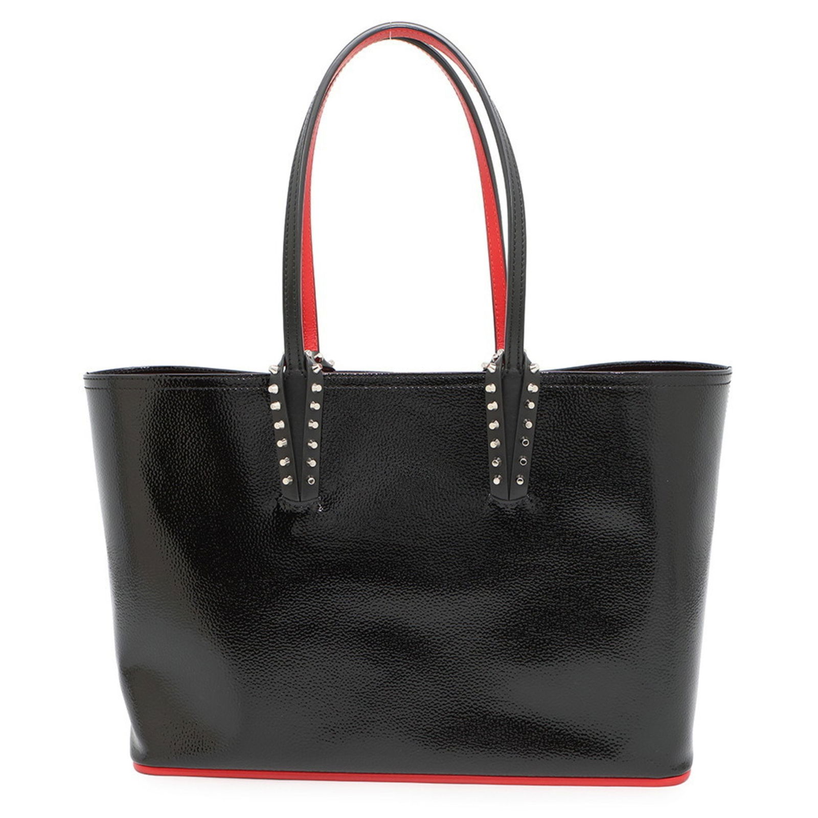 Black Leather Cabata Tote Bag by Christian Louboutin: Black Leather Cabata Tote Bag by Christian Louboutin This Christian Louboutin Cabata handbag features a classic black leather exterior with slight scratches on the outside and metal fittings. The inte