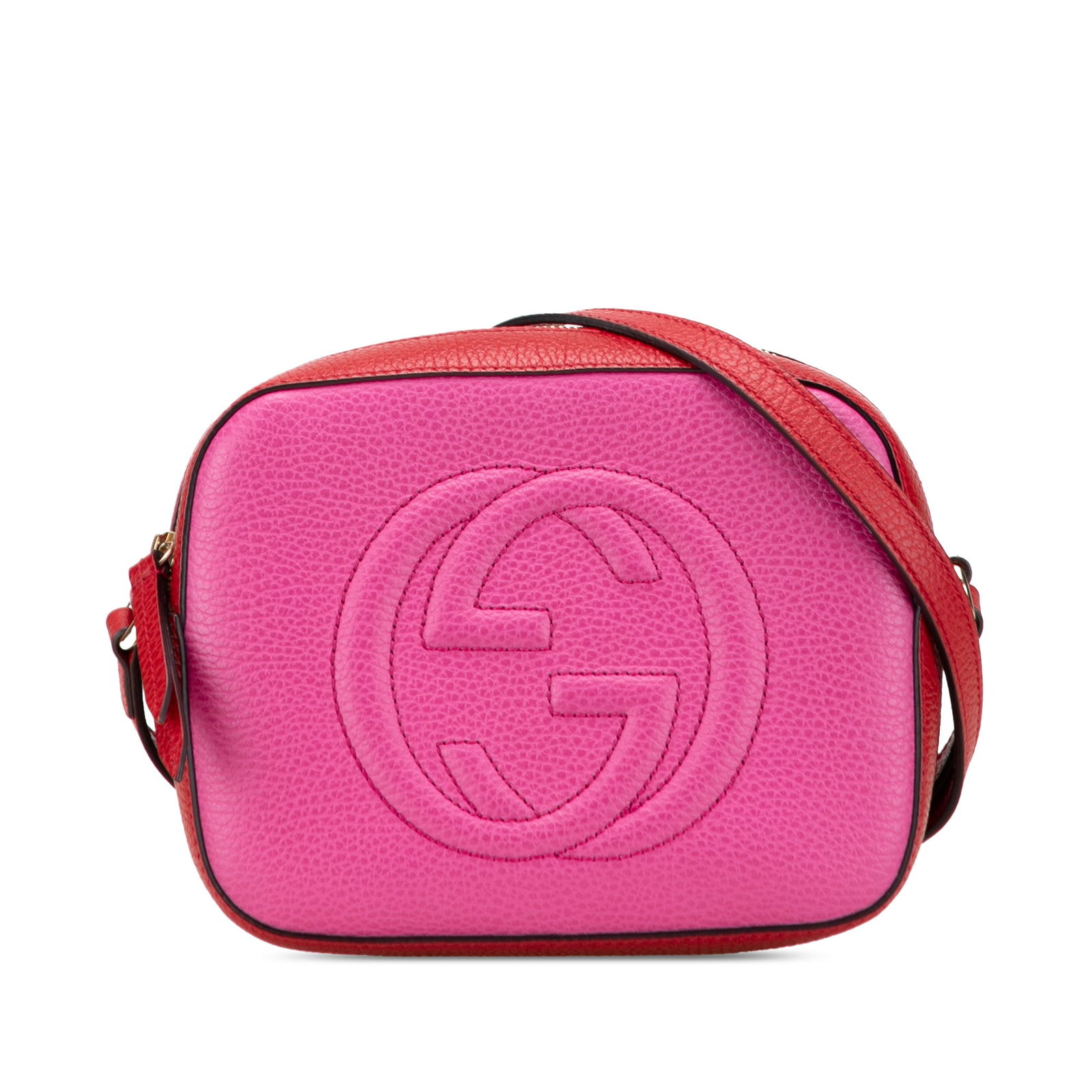 Gucci Small Bicolor Leather Soho Disco Crossbody Bag Pink: Gucci Small Bicolor Leather Soho Disco Crossbody Bag Pink This Gucci Small Bicolor Leather Soho Disco Crossbody bag is a stylish accessory crafted from high-quality leather. It features an adjustable
