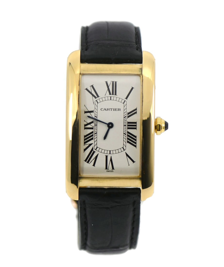 Tank Americaine Jumbo 18K Gold Manual Wristwatch Ref W2601256 with Box and Papers: Tank Americaine Jumbo 18K Gold Manual Wristwatch Ref W2601256 with Box and Papers This Cartier Tank Americaine Jumbo wristwatch features a mechanical manual movement and a classic analog display. The