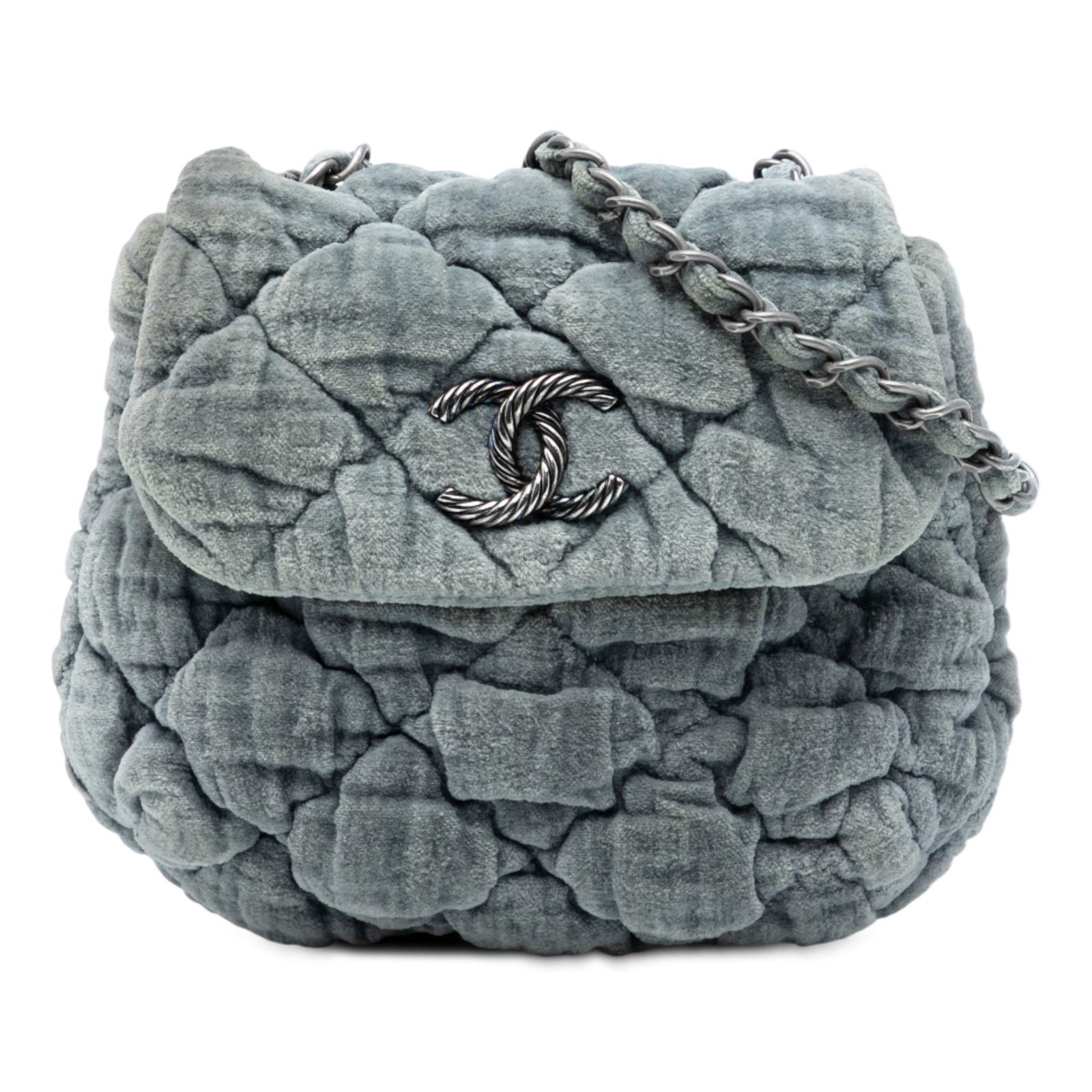 Chanel Paris Moscou Mini Velvet Bubble Quilt Crossbody Flap Bag: Chanel Paris Moscou Mini Velvet Bubble Quilt Crossbody Flap Bag This Chanel Paris Moscou Mini Velvet Bubble Quilt Flap is a gray crossbody bag featuring a quilted velvet body and a velvet woven chain