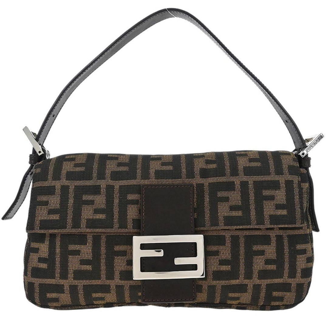 Fendi Brown Zucca Baguette Handbag with Silver Hardware: Fendi Brown Zucca Baguette Handbag with Silver Hardware This Fendi Brown Zucca Baguette Handbag is a stylish accessory perfect for casual occasions. Crafted from durable canvas, it features a striking