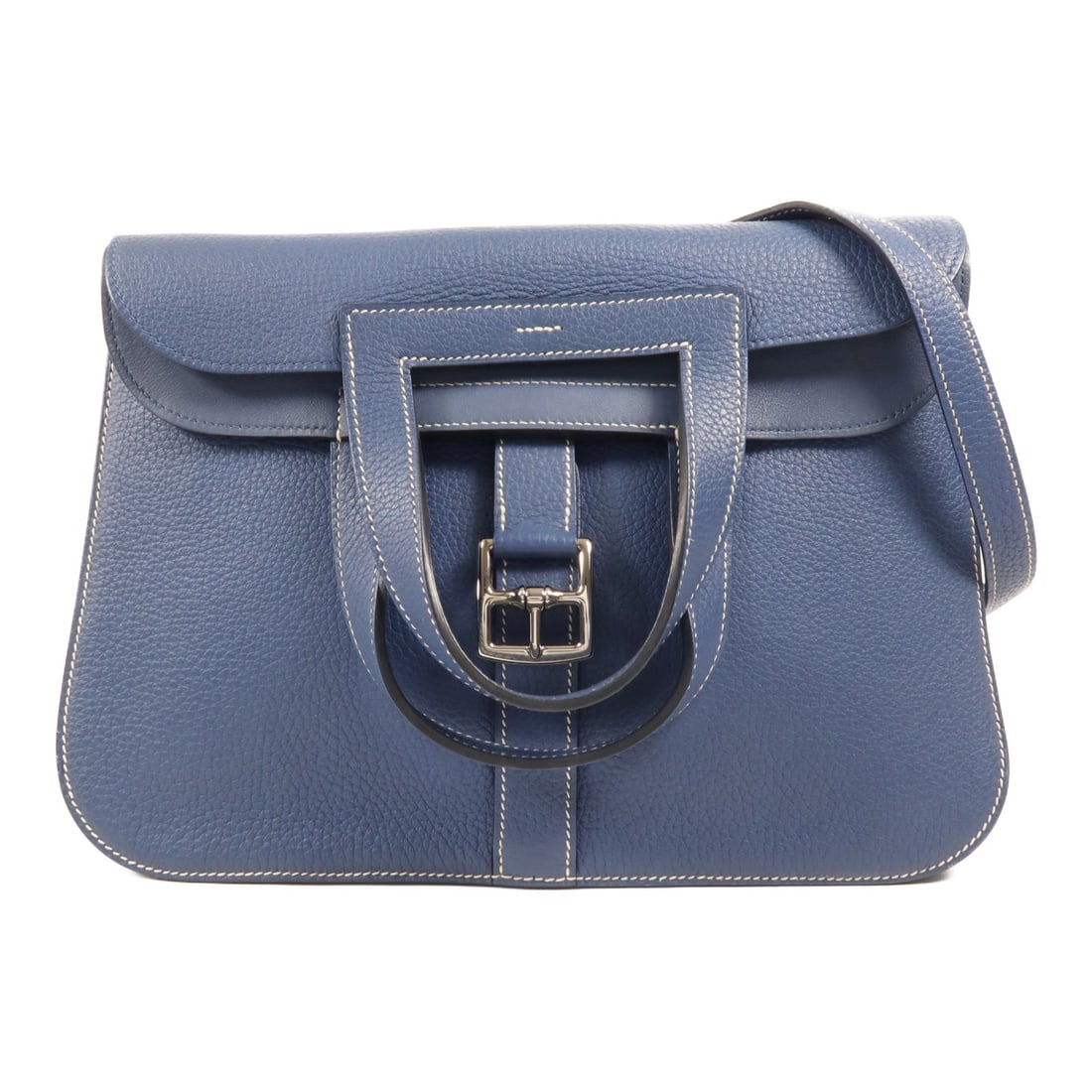 HERMES Halzan 31 2 Way Shoulder Bag Bleu Agate Clemence Leather: HERMES Halzan 31 2 Way Shoulder Bag Bleu Agate Clemence Leather Introducing the HERMES Halzan 31 2 Way Shoulder Bag, a luxurious accessory crafted from premium calfskin leather in a stunning Bleu Agat