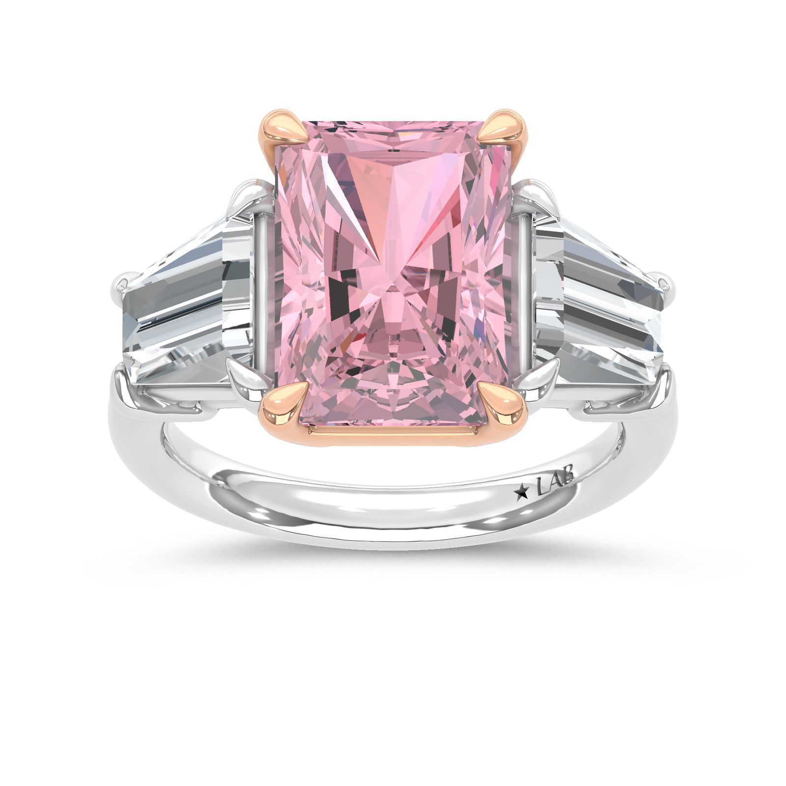 14K Two Tone Lab Grown Diamond 7 Ct.Tw. Pink Radiant Engagement Ring (Center 5ct): 14K Two Tone Lab Grown Diamond 7 Ct.Tw. Pink Radiant Engagement Ring (Center 5ct) Make a bold statement of elegance with this 14K Two-Tone Gold Engagement Ring, featuring a breathtaking 5-carat lab-gr