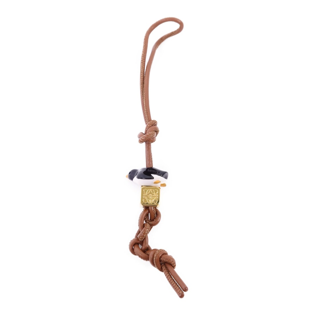 Brown Calfskin Glass Metal Charm Strap by LOEWE: Brown Calfskin Glass Metal Charm Strap by LOEWE This LOEWE charm is crafted from brown calfskin leather with metal and glass accents. Designed for hanging, it features a stylish and durable constructi