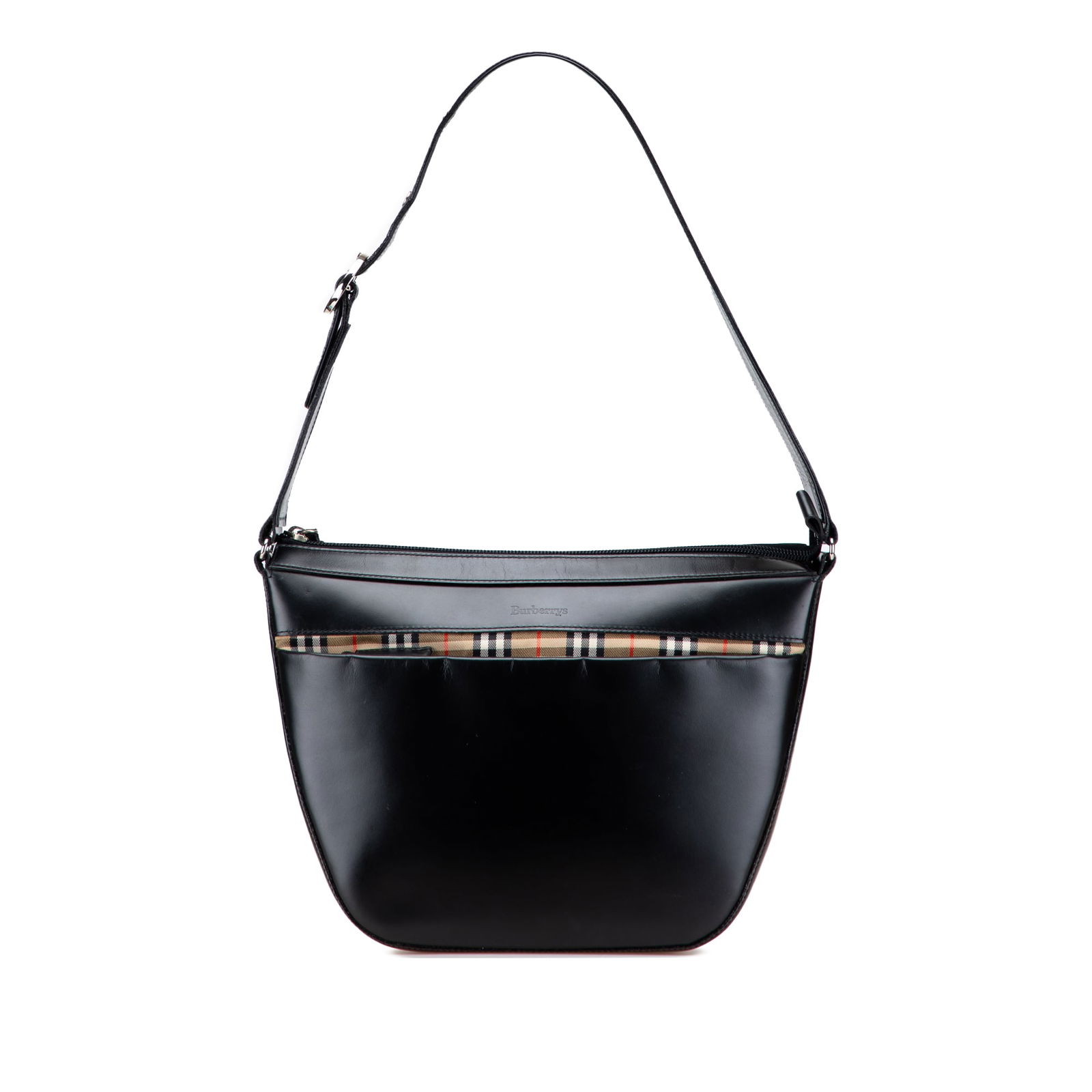 Burberry Leather Shoulder Bag with House Check Canvas Trim: Burberry Leather Shoulder Bag with House Check Canvas Trim This Burberry shoulder bag features a black leather body accented with signature House Check canvas trim and an adjustable flat leather strap