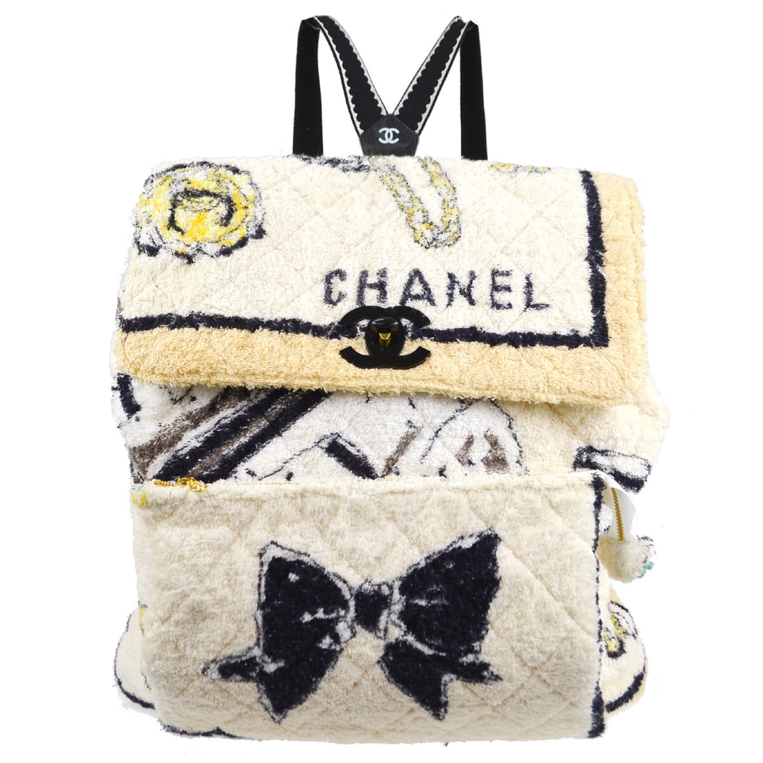 Chanel White Terry Cloth Backpack `94 Collection Large: Chanel White Terry Cloth Backpack `94 Collection Large Introducing the Chanel Terry Cloth Backpack from the exclusive `94 Collection. This stylish large backpack features a unique flap turnlock and dr