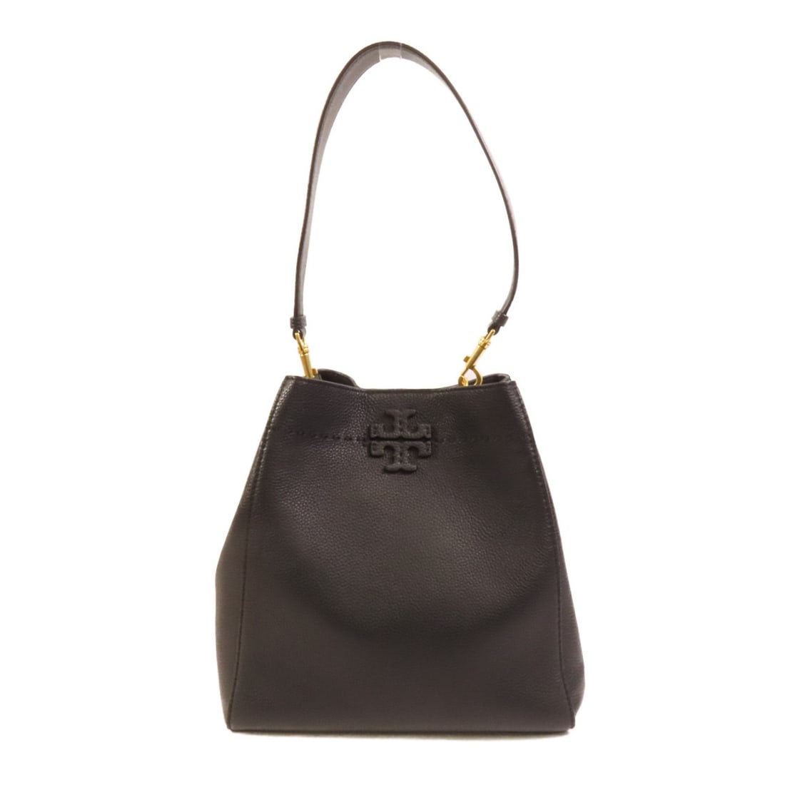 Tory Burch Black Calfskin Bucket Shoulder Bag with Gold Tone Hardware: Tory Burch Black Calfskin Bucket Shoulder Bag with Gold Tone Hardware This Tory Burch shoulder bag is crafted from black calfskin leather and features a classic bucket bag design. It offers a sleek si