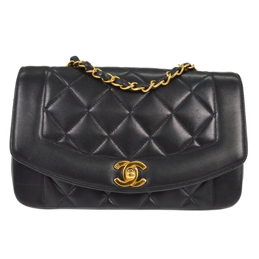Small Chanel Diana Matelasse Quilted Black Lambskin Shoulder Bag: Small Chanel Diana Matelasse Quilted Black Lambskin Shoulder Bag This Chanel Diana shoulder bag features black lambskin leather with a matelasse quilted pattern. Designed in a small size, it has a sin